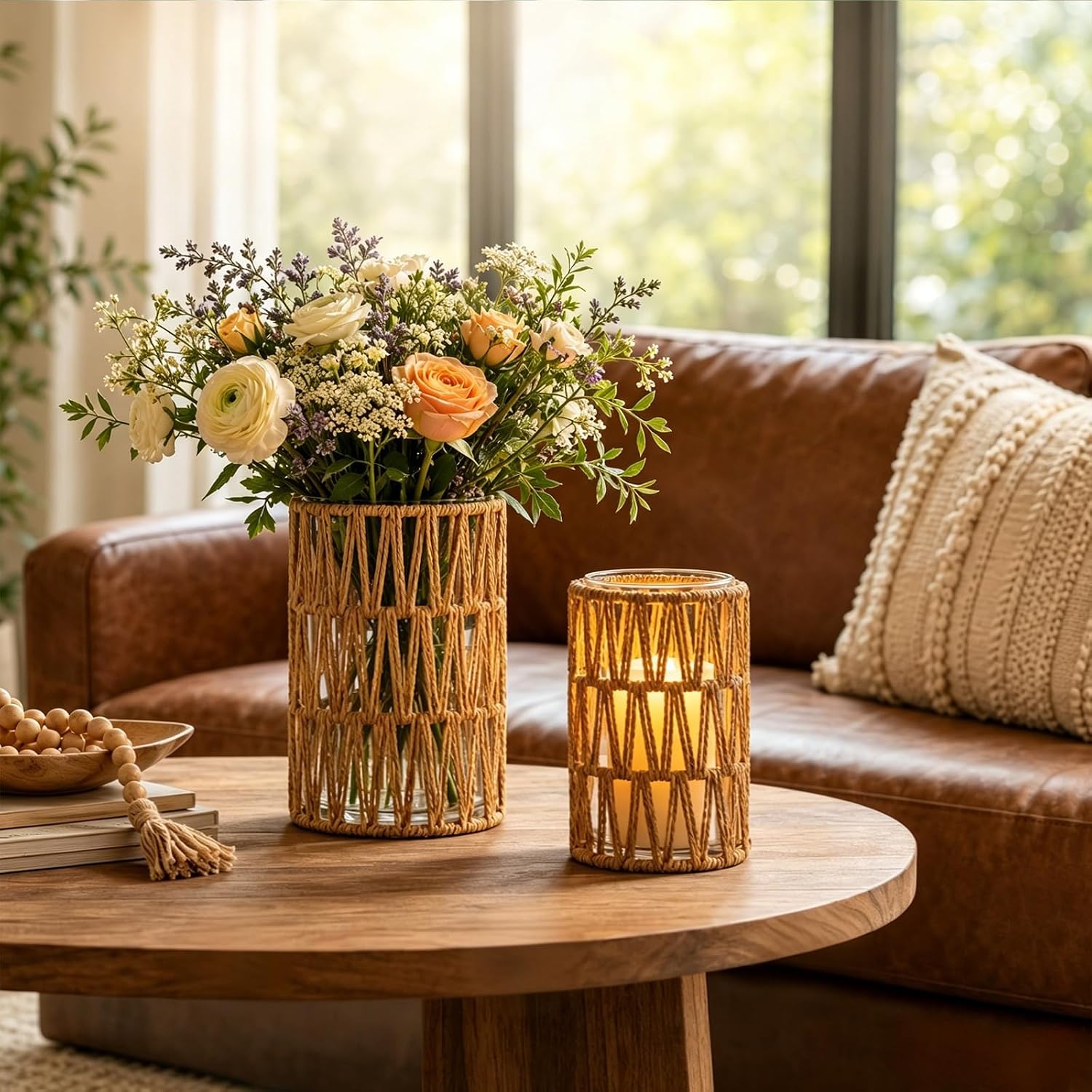 Rattan Hurricane Candle Holders Set of 2, Vase Dual-Use | Handmade Wicker Lantern with Glass Cylinders for Pillar Candles, Farmhouse Vase Centerpiece for Living Dining Kitchen Island