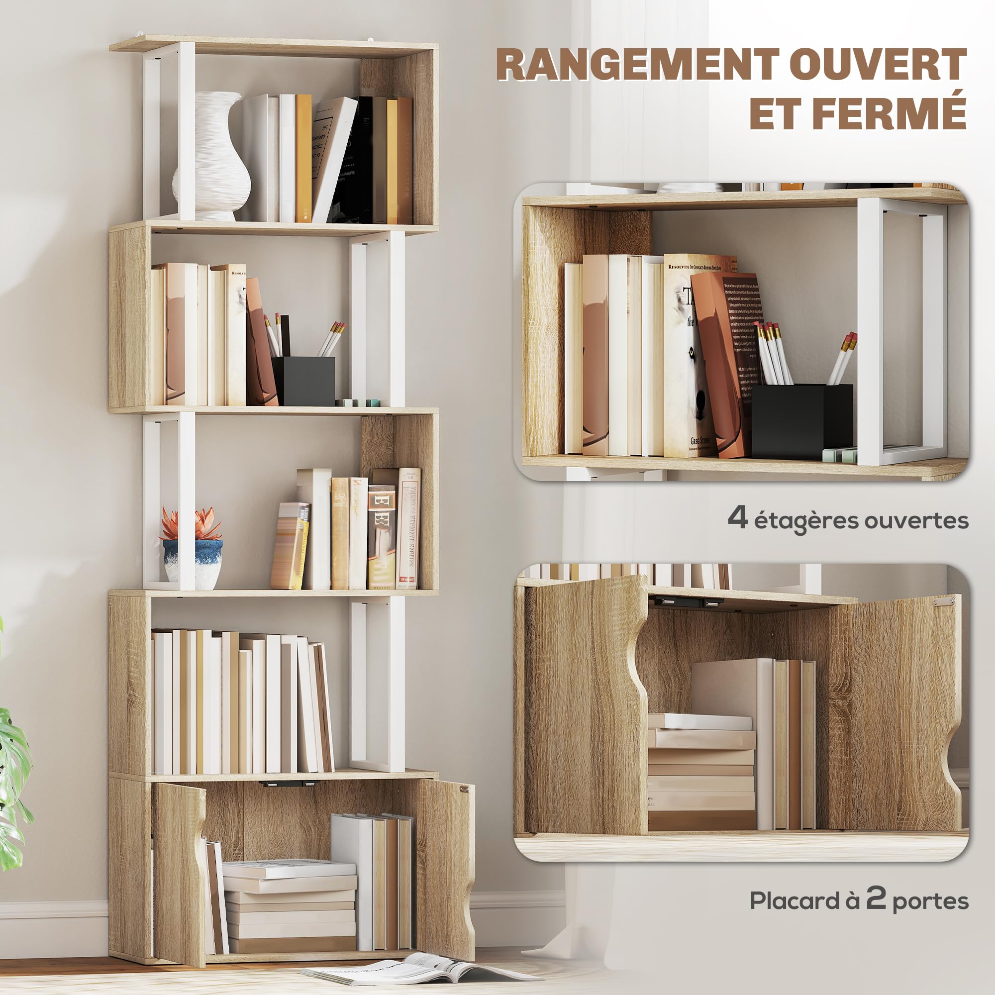 HOMCOM Bibliothèque à 5 Niveaux en Forme de S 60 x 23,8 x 179,2 cm Naturel