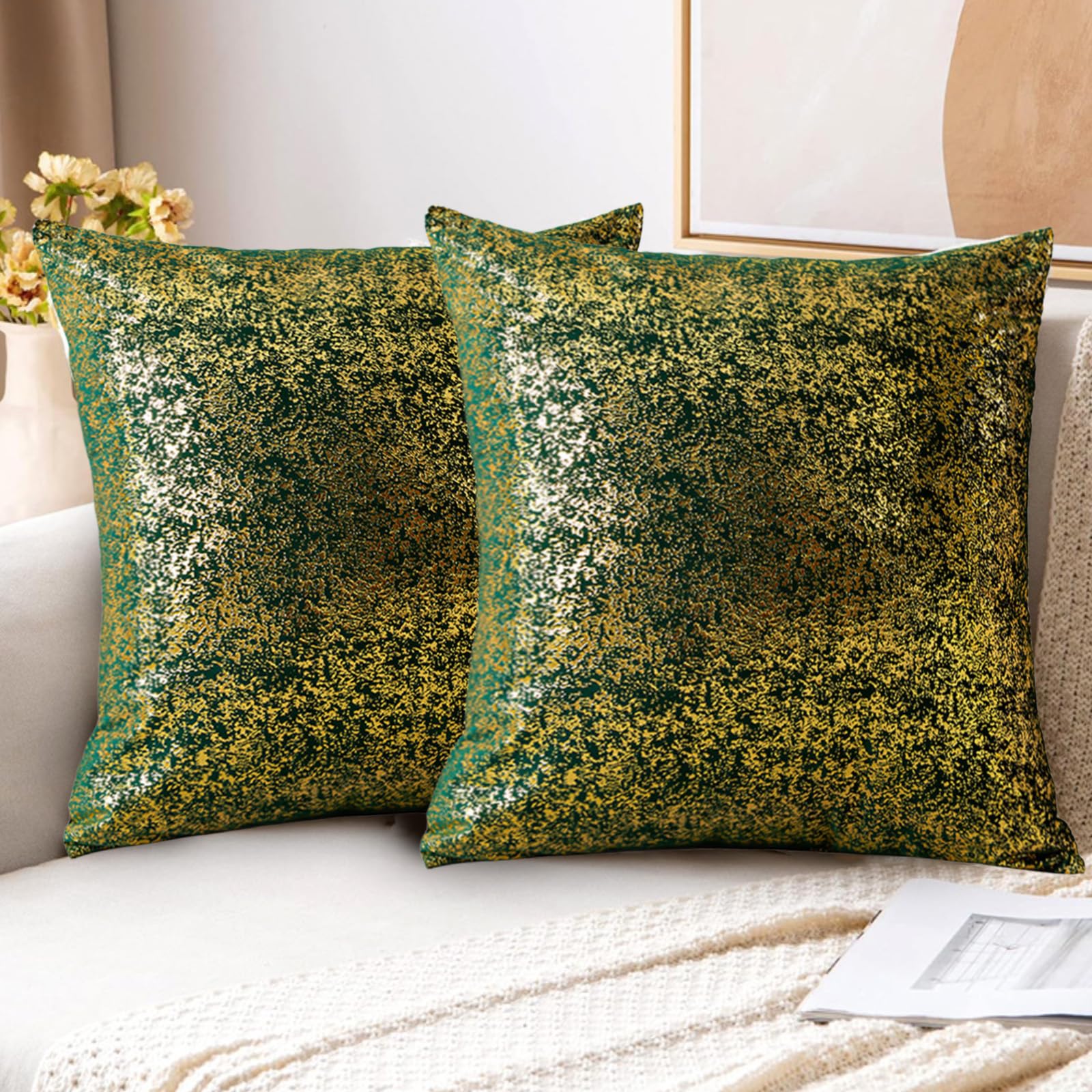 Traziewell 45Cm Cushion Cover Green Cushions Covers 45x45 cm Decorative Throw Pillow Covers Hot Stamping Gold Pillowcases for Couch Sofa Indoor Decor Set of 2 821 — image 1