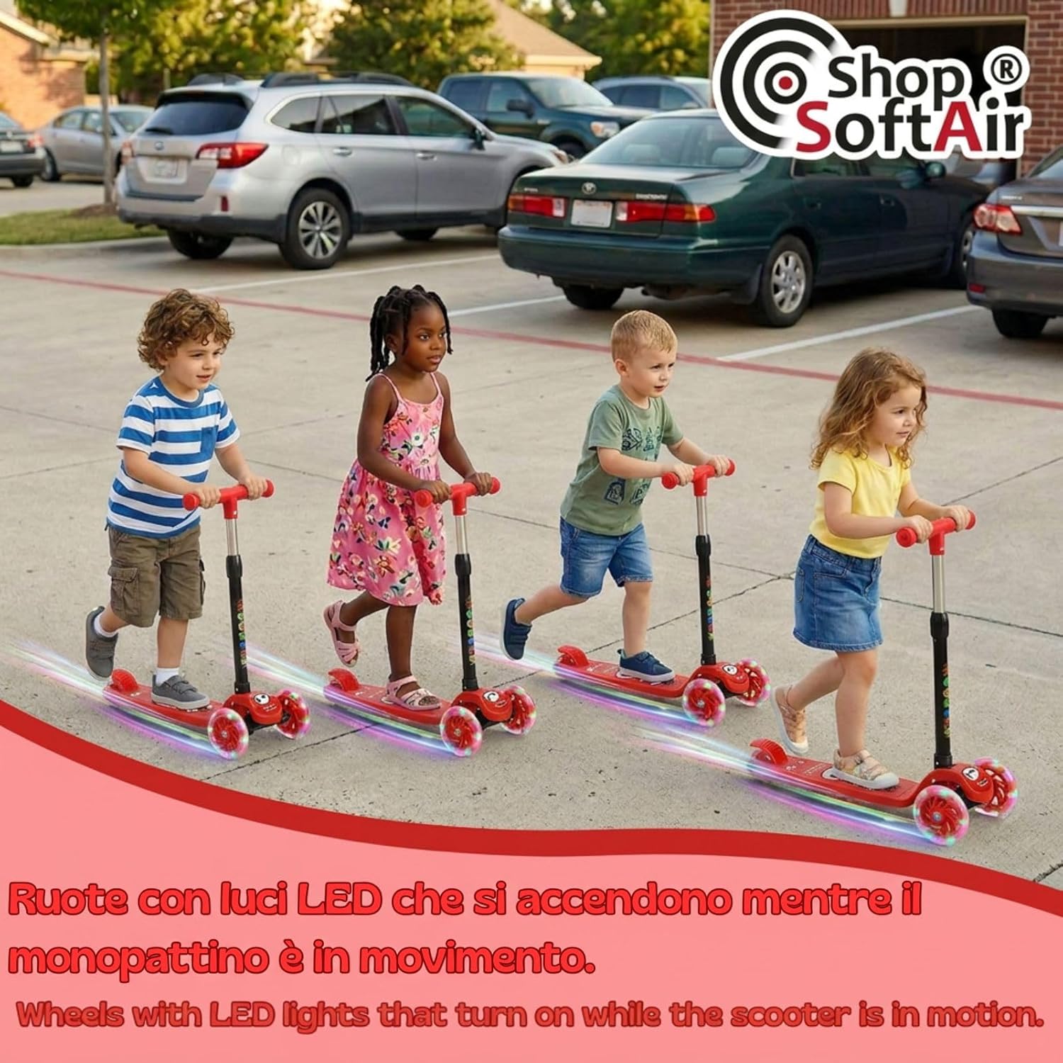 3 Wheel Scooter for Children 3+, Adjustable Handlebars in 4 Heights, LED Wheels, 4 Colours, Max 20 kg