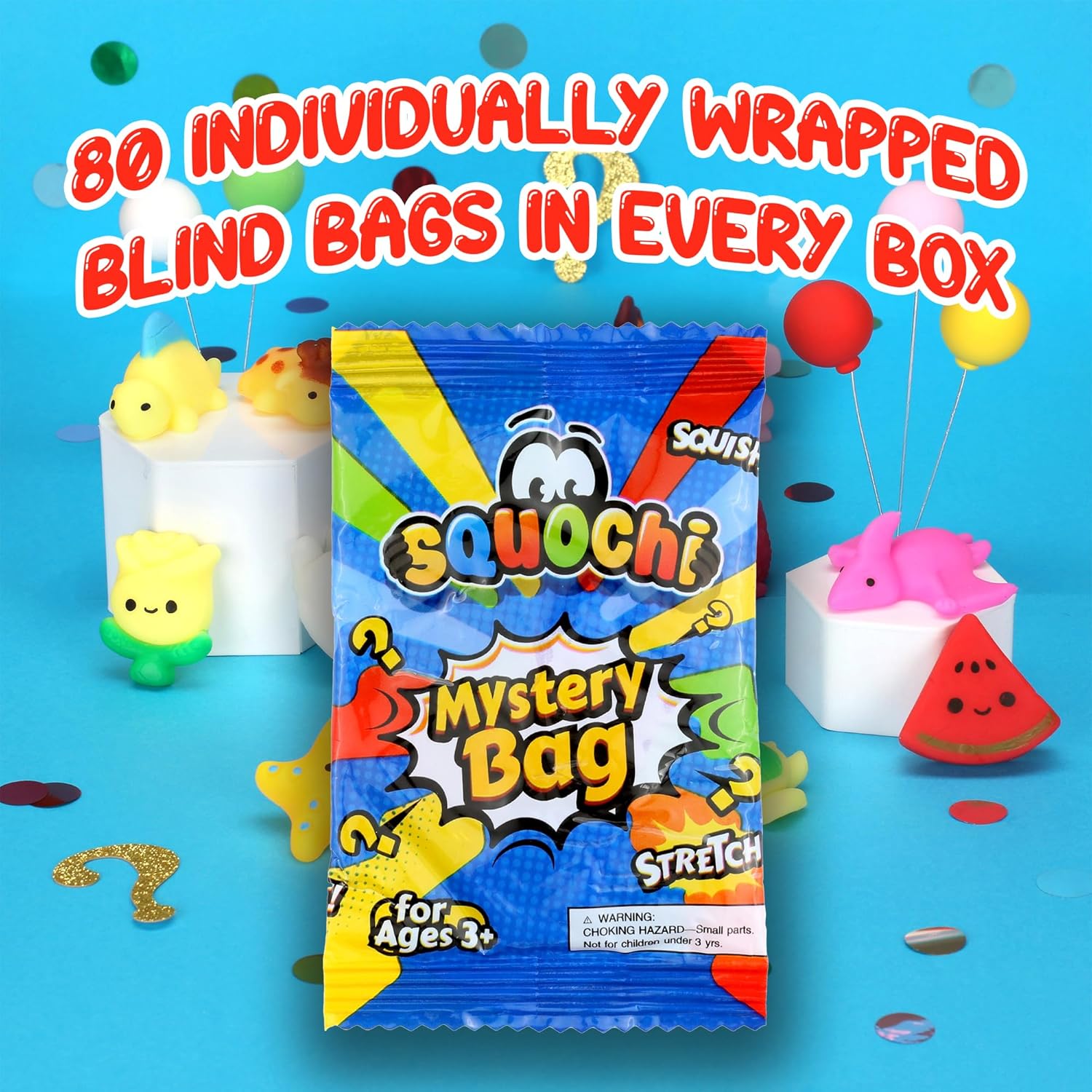 Mystery Pack Mochi Squishy Toys 80pcs – Bulk Value | Individual Blind Bag Fidget Toys | Interactive Box & Storage Tote | Sensory Toys, Party Favors, Classroom Prizes