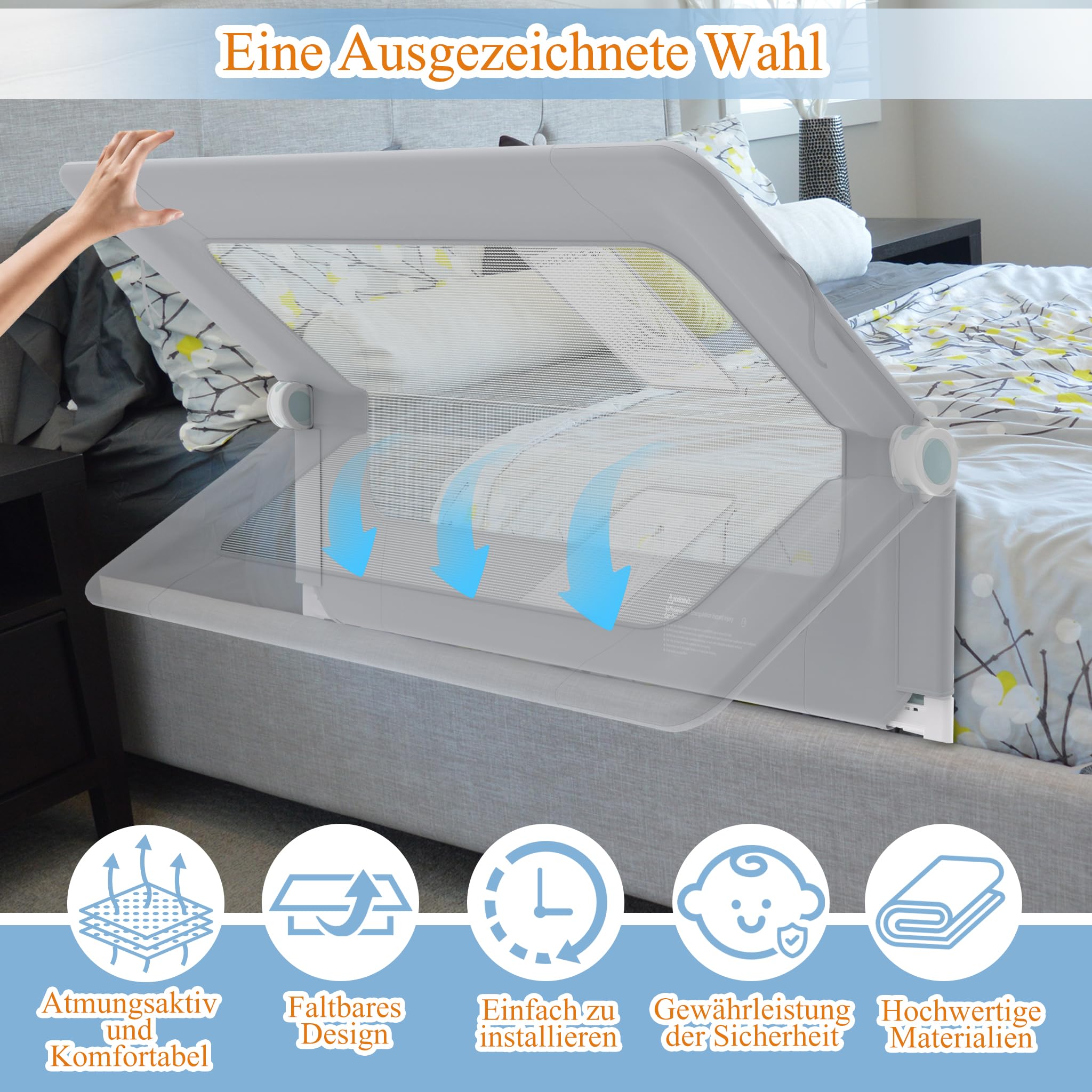 HENGMEI Barrera de protección contra caídas para cama de 200 cm, plegable, 180 grados, malla aireada, altura ajustable, rejilla de protección para cama (gris)
