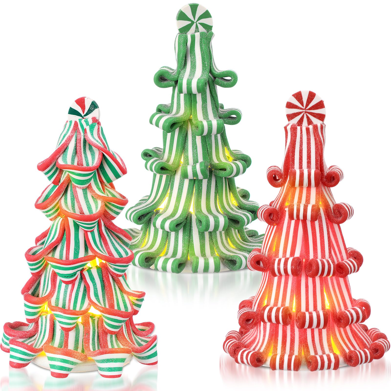 Suzile Lot de 3 rubans de Noël pour décoration de table de 17,8 cm - Mini sapin lumineux en résine argile menthe poivrée pour décoration de table de Noël (rouge, vert, rose, blanc)