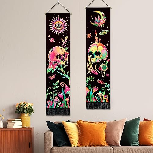 Miniatura 4 de Leofanger Paquete de 2 tapices verticales de calavera negra con luz negra, tapiz de sol y luna, tapiz de flores de mariposa y mariposa negra, tapiz
