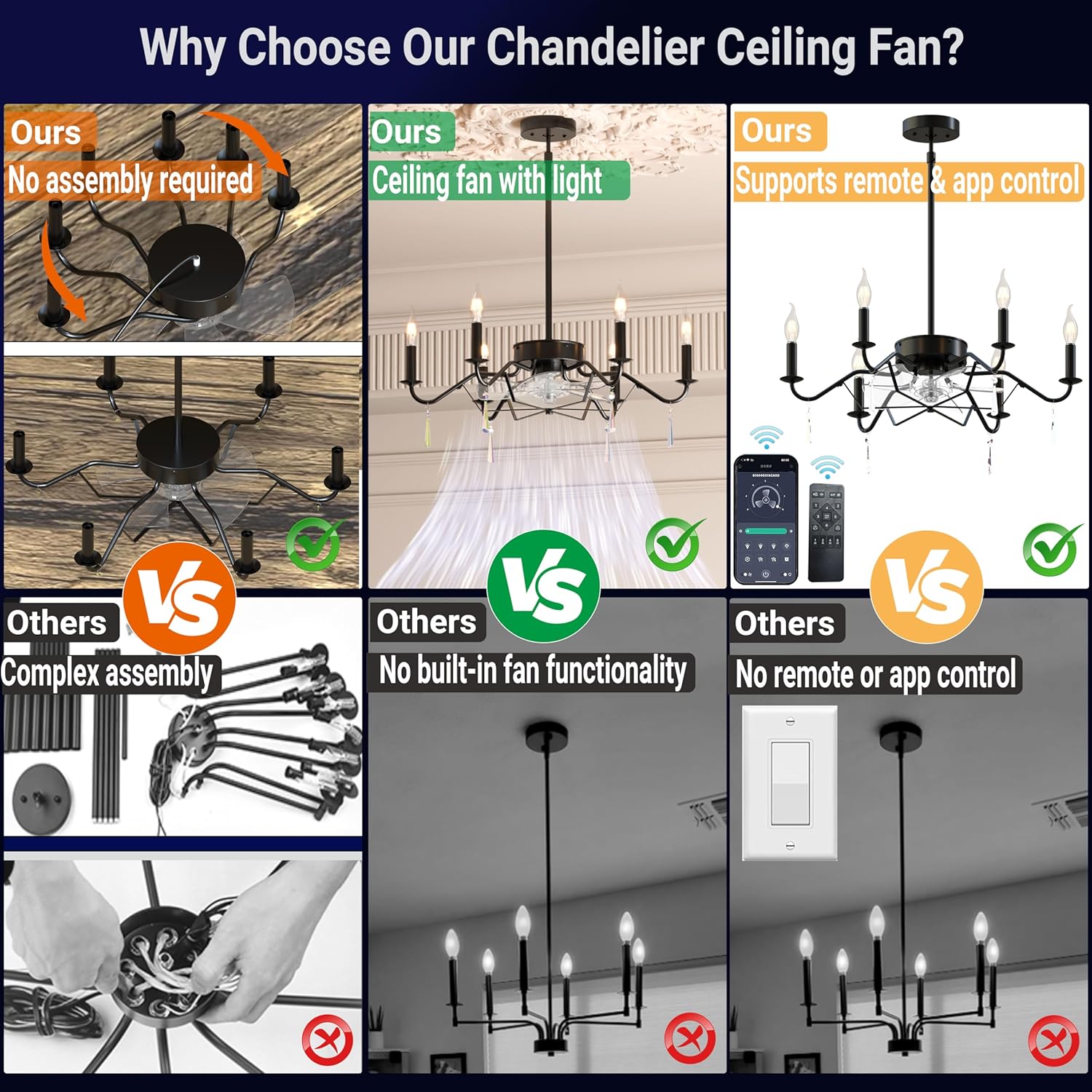 Ceiling Fan with Branch-Shaped Candlestick Chandelier 25" Farmhouse Fandelier Ceiling Fans with Lights, Rustic Hanging Chandelier for Bedroom, Dining Room, Kitchen Island, Foyer, Hallway-Black