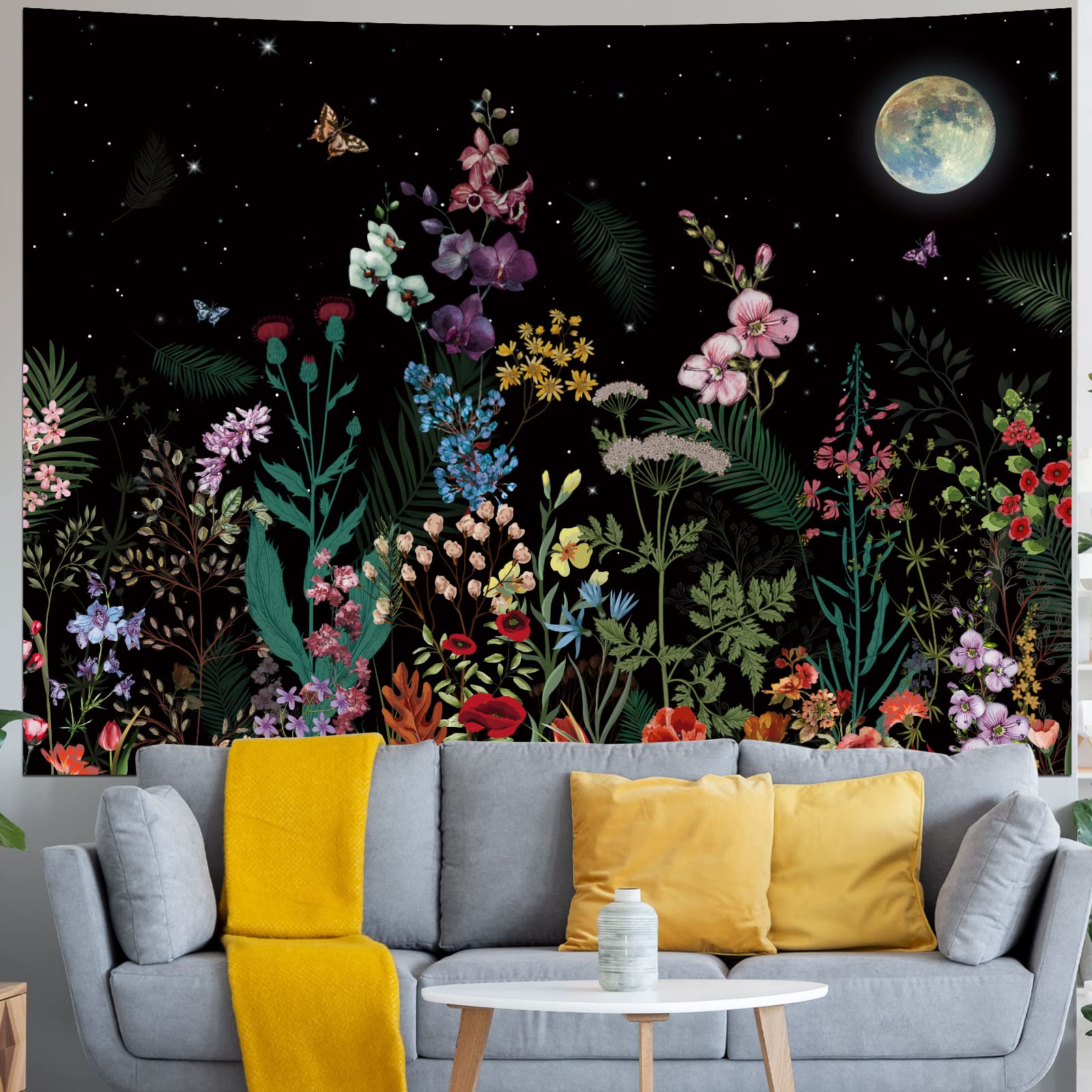 Kwiatowe rośliny gobelin galaktyka księżyc gwiazdy gobelin vintage boho kwiat motyl gobelin czarny gwiaździste niebo natura gobelin ścienny wiszący do sypialni
