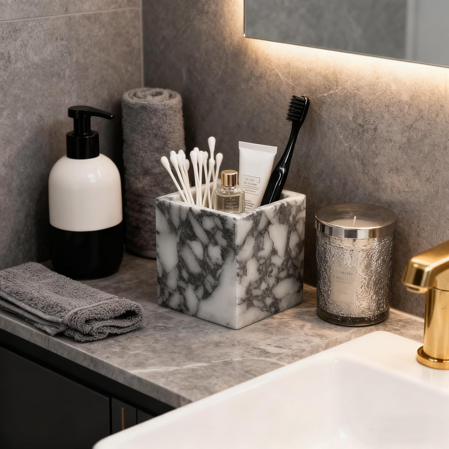 Marble Pen Holder, White Stone Rectangular Desktop Organizer, Office Study Makeup Brush Storage, Home Desk Decor, Minimalist Design, Durable Marble Accessory