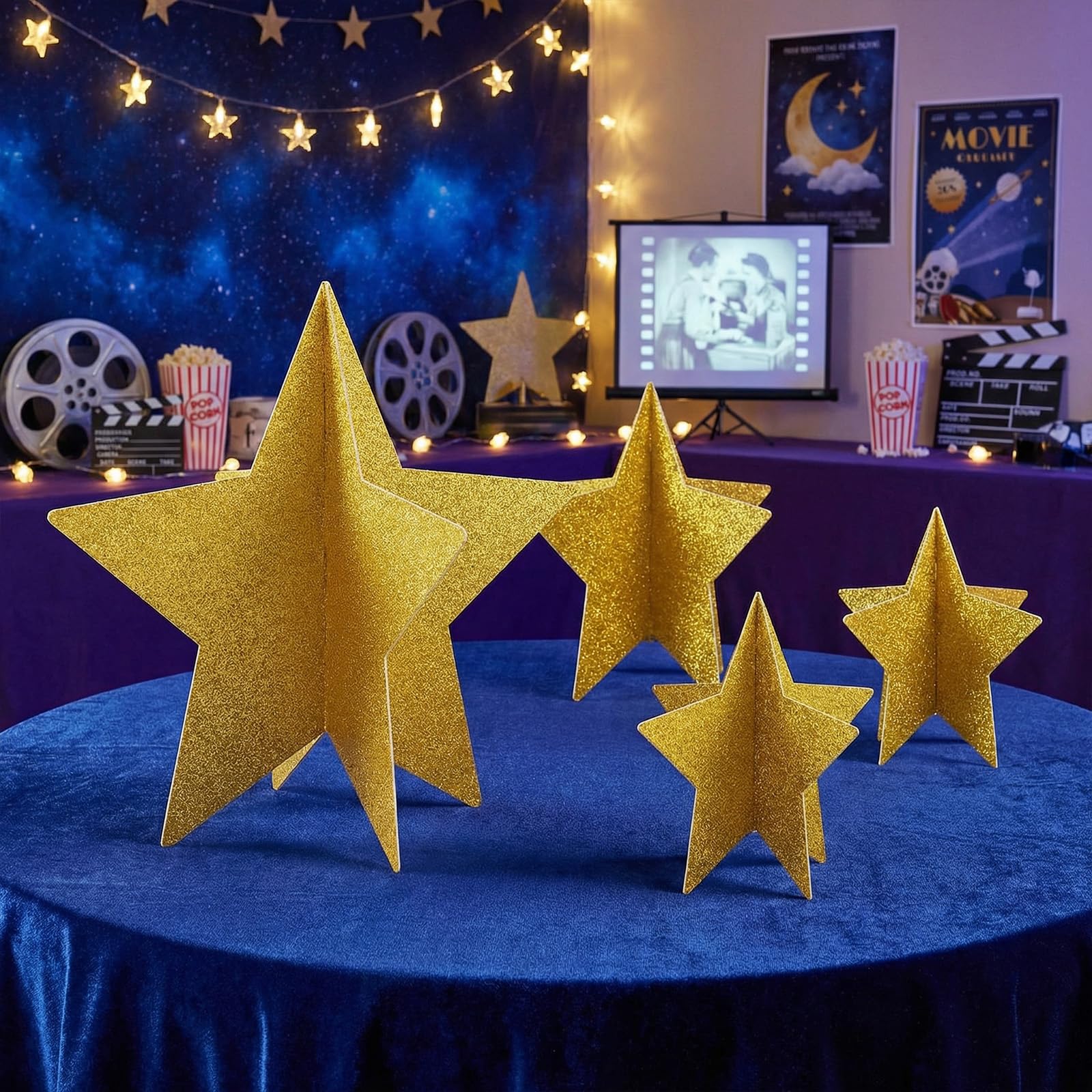 70 szt., brokatowe dekoracje 3D, gwiazda, centralne elementy na wieczór filmowy, dekoracje imprezowe, 3 rozmiary, stojące, wiszące ukończenie szkoły, dekoracja stołu, na imprezę tematyczną z motywem
