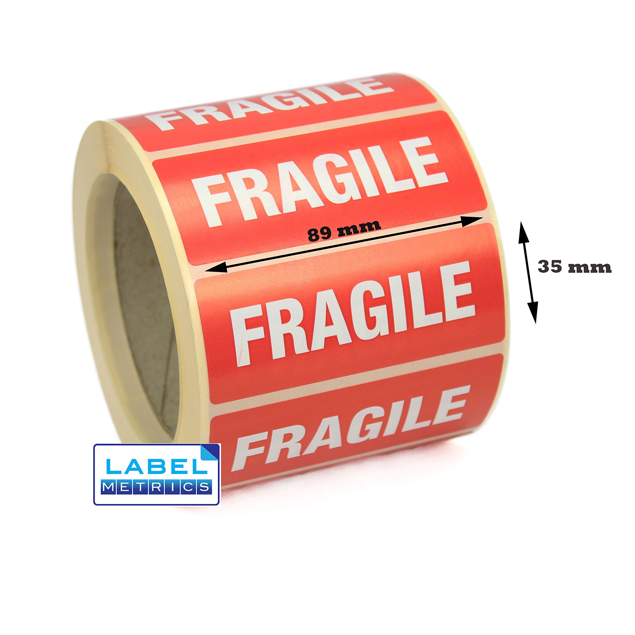 Label Metrics - Self Adhesive "Fragile" Labels/Stickers, 89mm x 35mm. 250, 500, 1,000 Roll. (1,000 Per Roll)