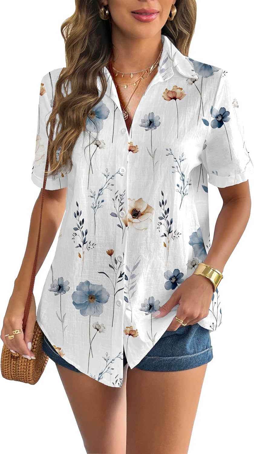 Zeagoo Women Linen Button Down Shirt Rolled Cuffed Short Sleeve Blouse Ladies Summer Casual V Neck Beach Cotton Tops