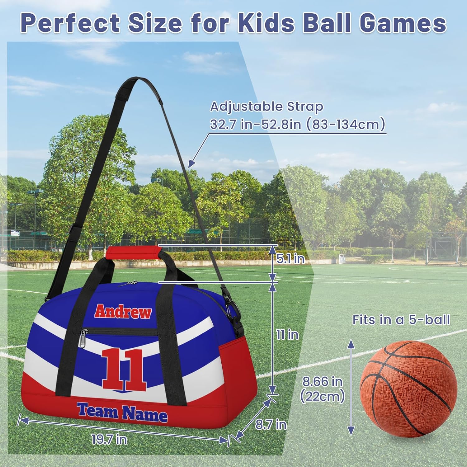 Basketball Soccer Gifts for Boys Girls - Custom Sports Duffle Bag, Personalized Name & Team Bag, Water-Resistant Gym Bag for Basketball, Soccer, Volleyball | N-Navy Red