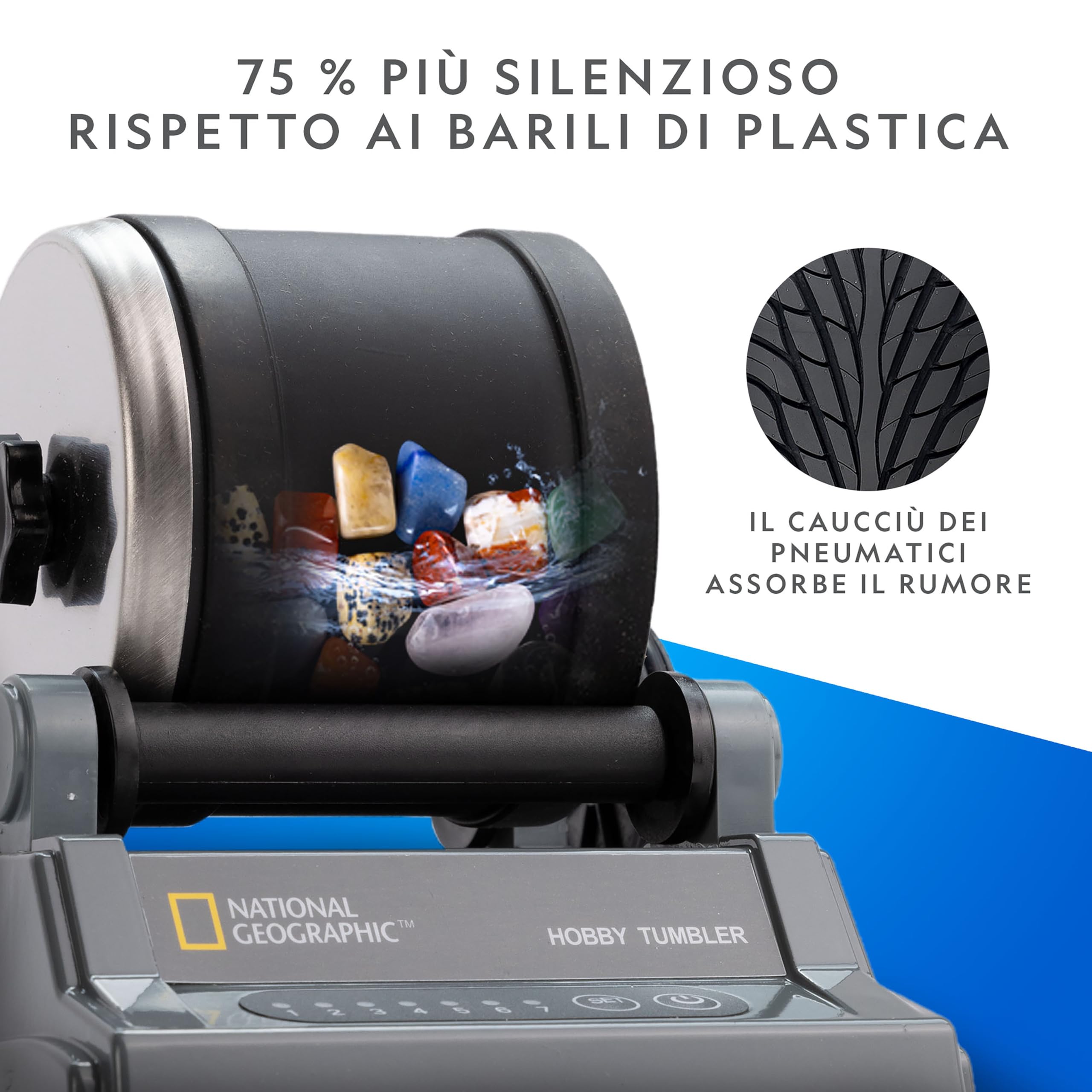 NATIONAL GEOGRAPHCI Kit Tumbler per Lucidare Pietre – Tumbler Durevole con Timer da 7 Giorni, Kit Completo di Lucidatura, Hobby Geologico per Bambini, Giocattolo Educativo Scientifico