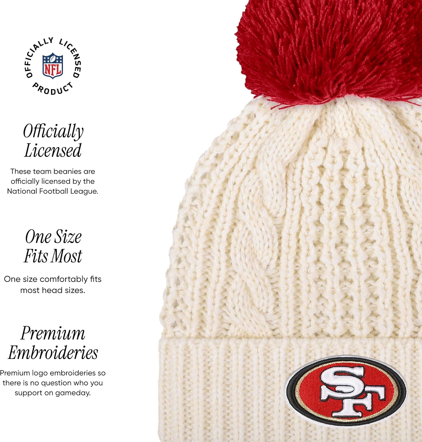 FOCO NFL unisex-adult Nfl Team Logo Adult Stretch Gloves With White Pom Cable Winter Knit Hat Beanie Set - Image 2