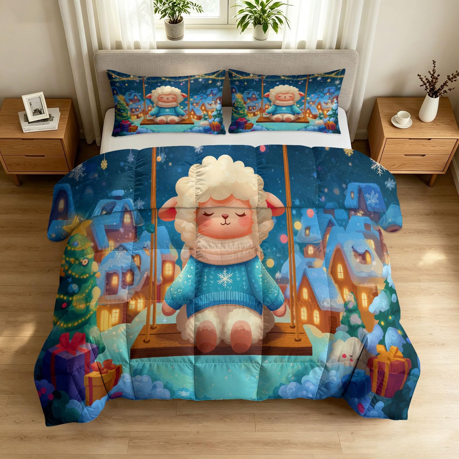 Kołdra 200 x 200 cm, na 4 pory roku, wzór płatków śniegu, jagnięca, wzór wiejski, bez poszewki, przyjazna dla skóry, motyw kreskówkowy, miękka, nadaje się do prania, całoroczna kołdra z 2 poszewkami