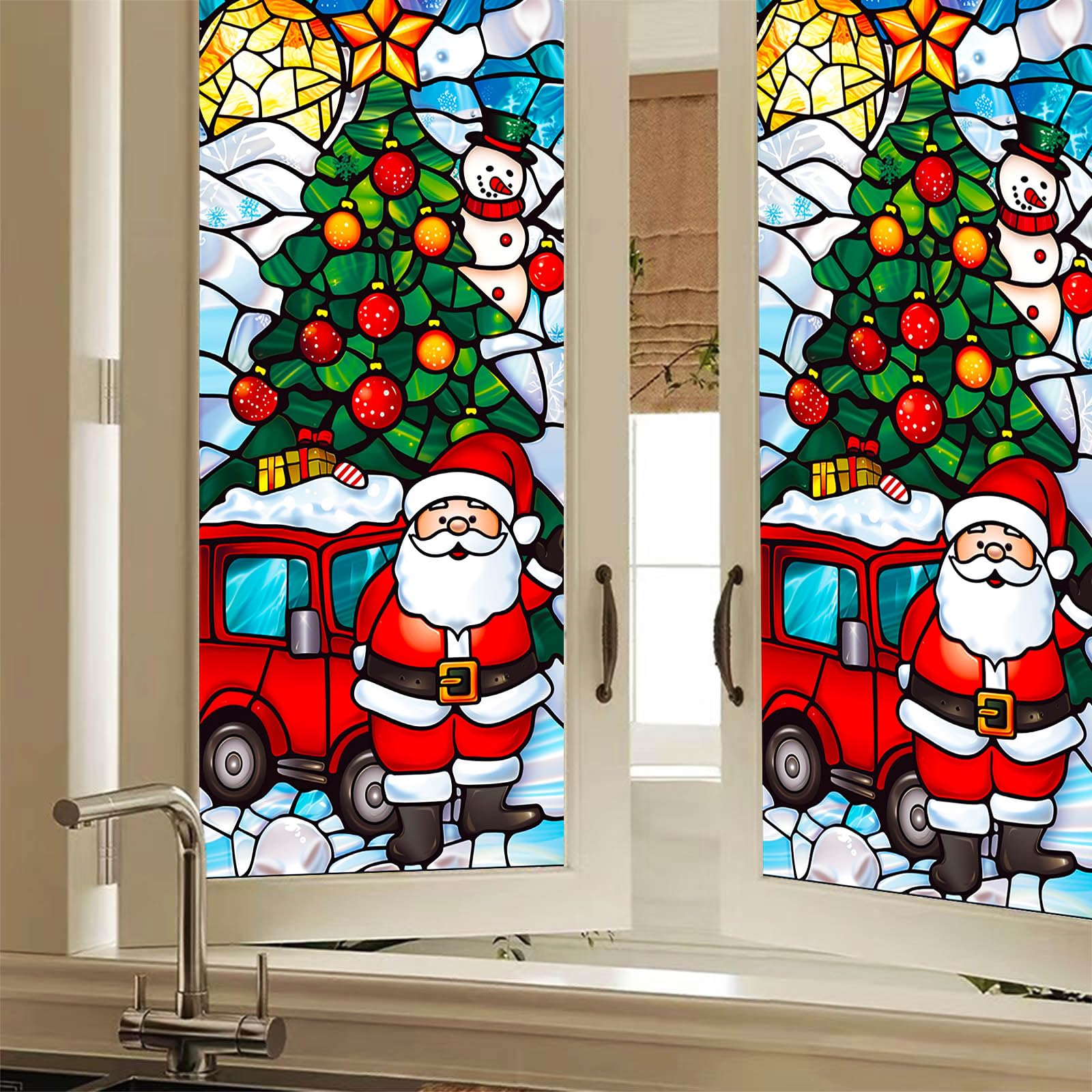 HOMETITUTE Santa Claus Snowman Christmas Window Film 17.7×39.3 Inch Stained Glass Style Static Window Clings Christmas Tree Glass Decals Holiday Window Stickers Festive Winter Home Decoration