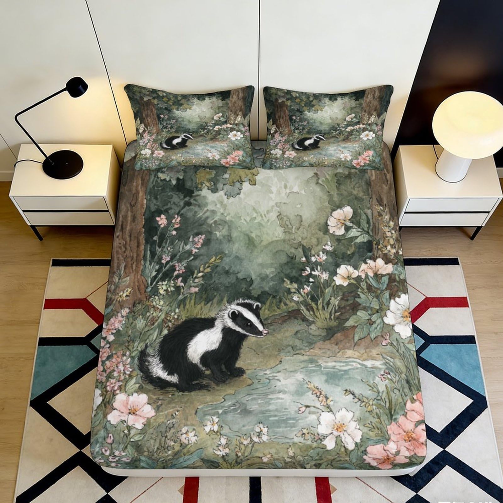 3D Printed Forest Badger Fitted Sheet Microfiber Non Slip Woodland Pond Mattress Cover Bedroom Decor 90x200x25cm