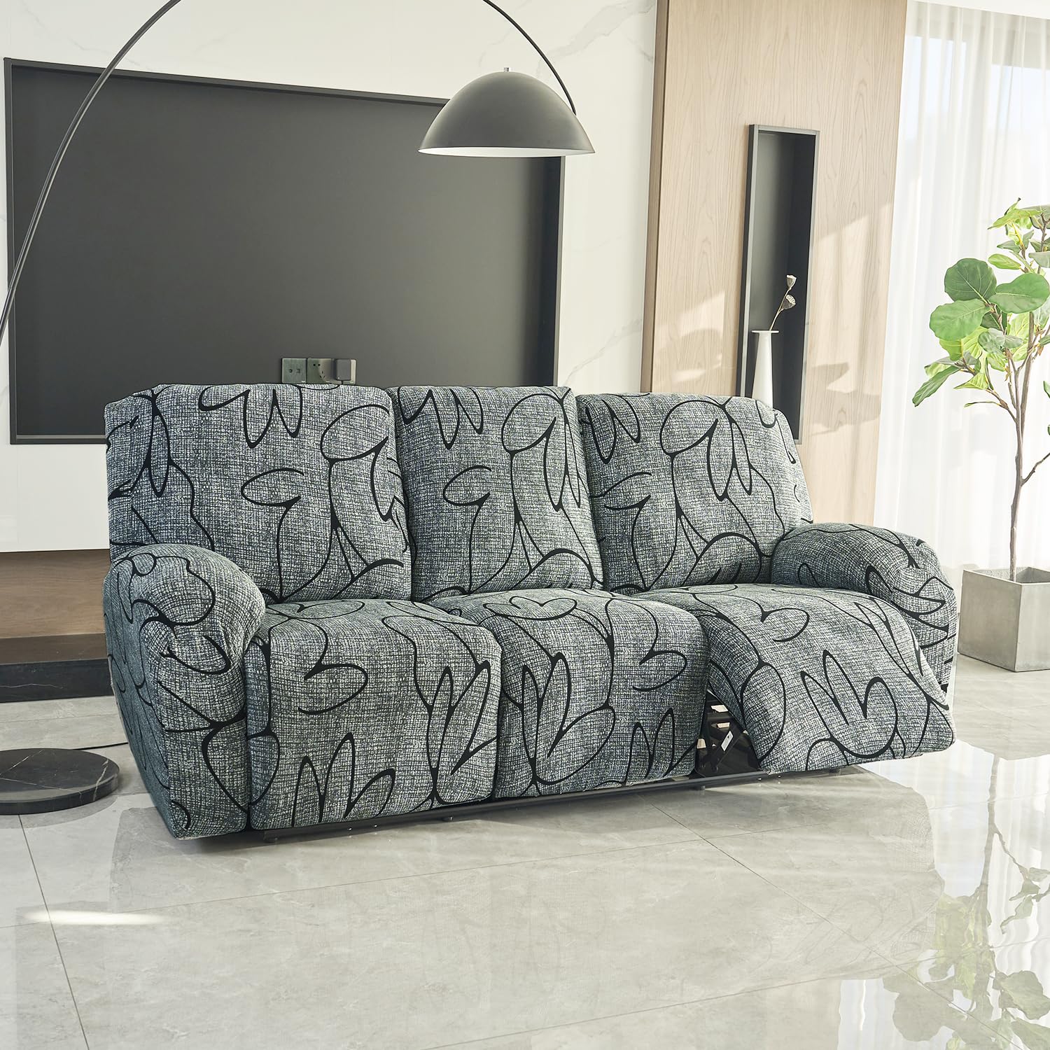 HOKIPO Polyester Blend 140Gsm Stretchable Recliner Sofa Cover 3 Seater, Intense Grey Abstract Floral (Ar-4942-C2)