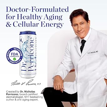 Dr. Perricone Hydrogen Water 24-Pack (12oz) Molecular Hydrogen Water 1.01.5ppm | Natural Antioxidant Hydration, Portable Life Hydrogen Water Bottle Alternative, Energy, Recovery & Skin Health | Hydrogenated ionizer