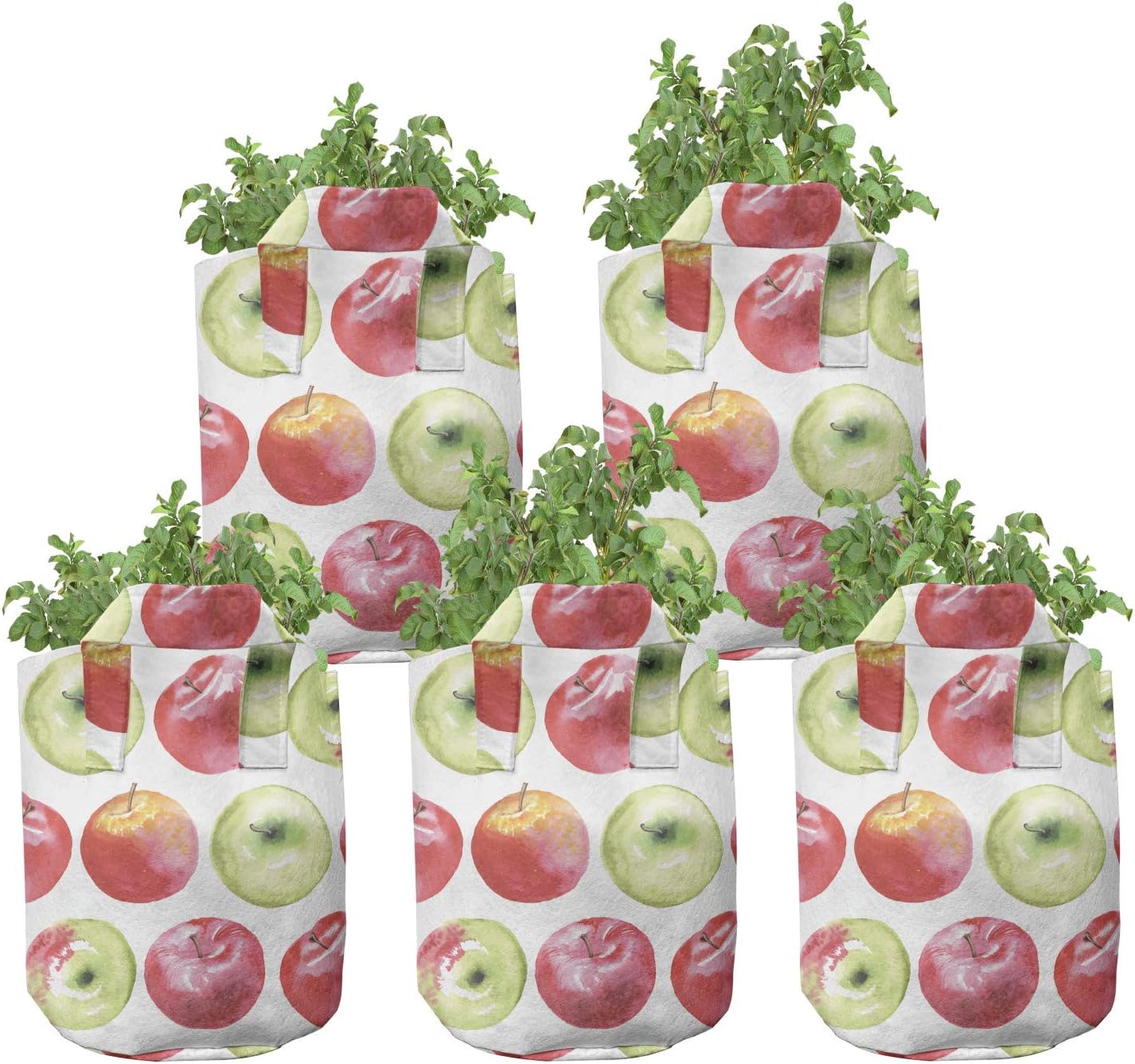 Ambesonne Apple Grow Bags 5-Pack, Watercolor Granny Smith, Heavyduty Fabric Pots with Handles for Plants, 7 Gallon, Apple Green Red