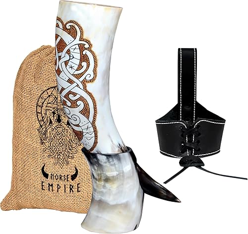 Miniatura 8 de NORSE EMPIRE Taza de cuerno vikingo prémium para cerveza Ale, edición especial, Ragnarok, con detalles, medievales, nórdicos, para vikingos, brillo