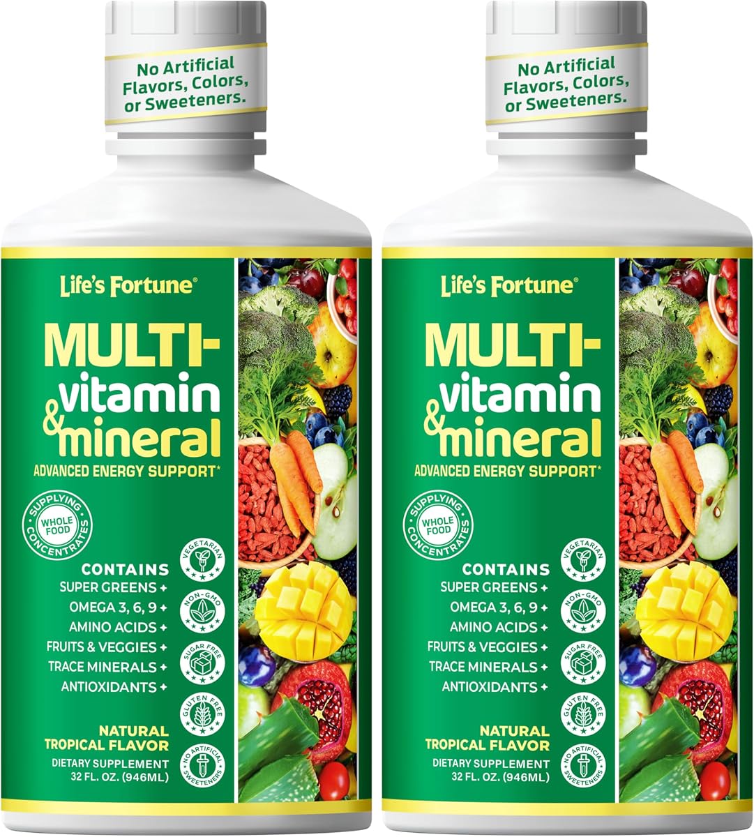 Life's Fortune Liquid Multivitamin for Adults Men & Women, Teens – High Absorption Daily Vitamins – Trace Minerals, Amino Acids, Biotin, L-Arginine, – Tropical Flavor, Sugar Free, 32 oz (Pack of 2)