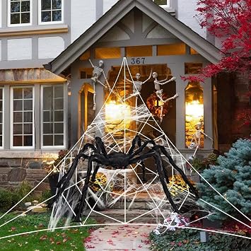 212" Halloween Spider Web + Giant Spider Decoration with Triangular Web for Indoor/Outdoor Use - Fake Spider, Black