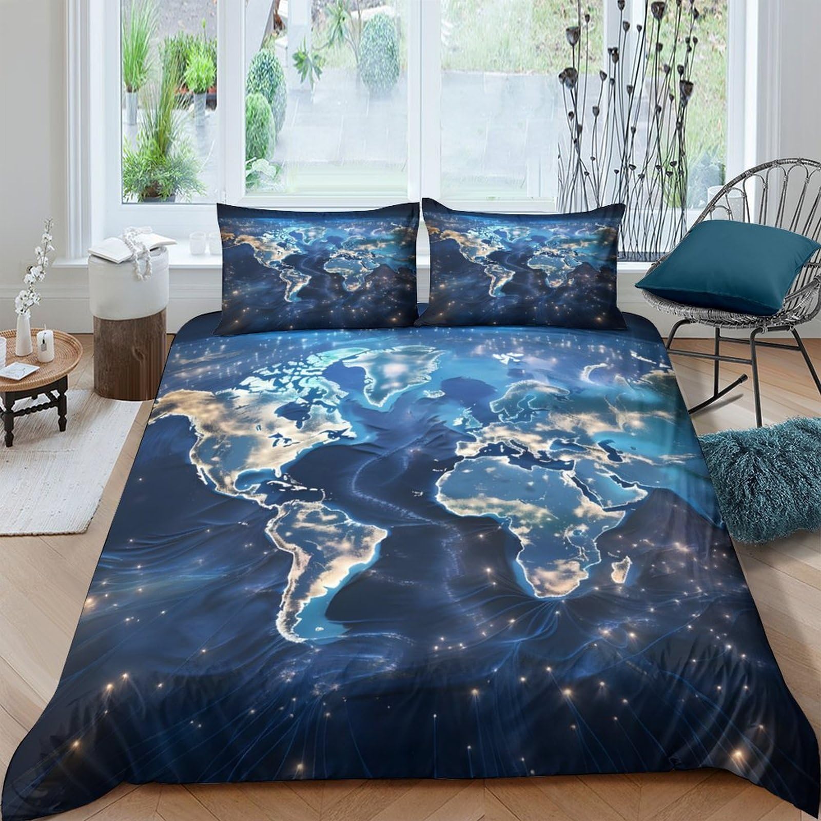 Ctjqhvkz Style-6 3D Printed Night City World Map Fitted Sheet Microfiber Soft Decorative Bed Sheet For Bedroom Guest Room Single（135X200cm）