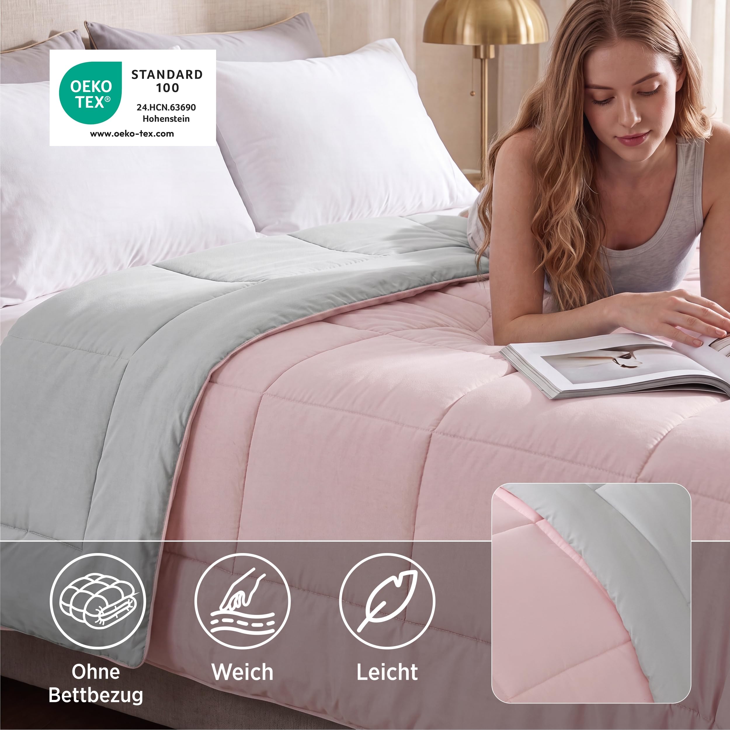 BEDSURE Bettdecke Ohne Bezug 155x220 - Bettdecke mit Integriertem Bezug | Bettdecke 155x220 für Allergiker Waschbare 4 Jahreszeiten Bettdecken Oeko Ganzjahresdecke Warm & Gemütlich, Pinkesque/Grau