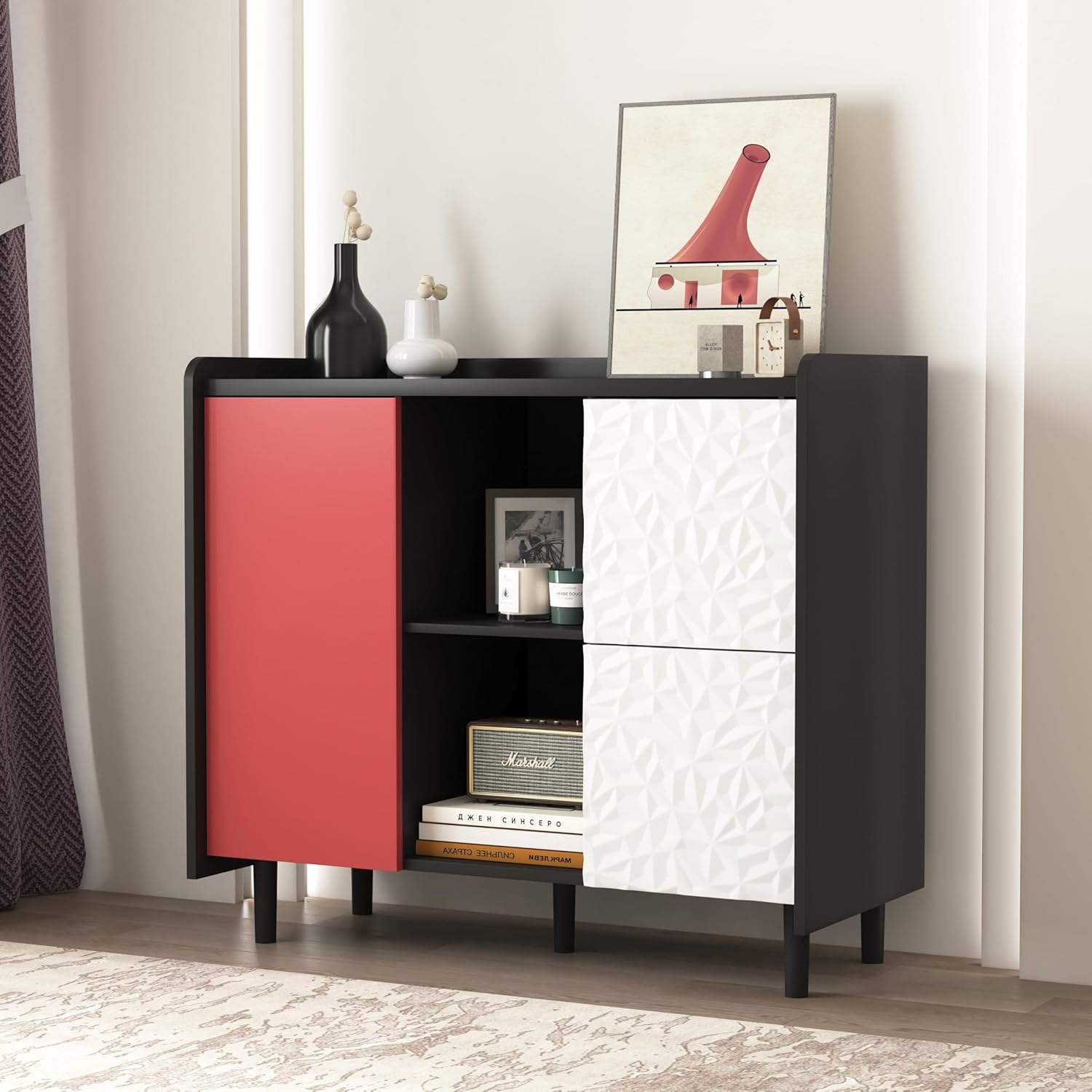 Sideboard Buffet Cabinet with Doors, 2 Drawers & Open Storage, Modern Coffee Bar Accent Cabinet(Black+Red)
