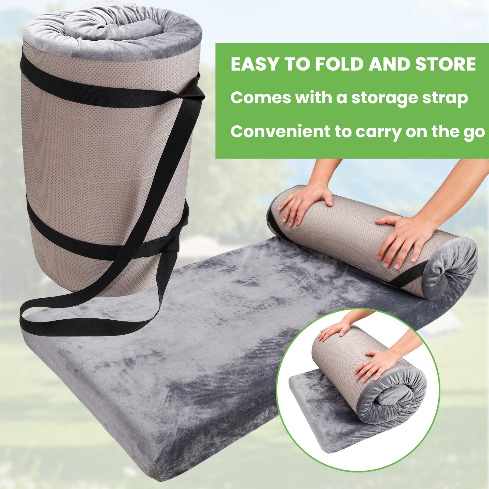 Memory Foam Camping Mattress pad,3 Inch Thick Floor Sleeping Mat Pad with Waterproof and Non-Slip Bottom, Portable Roll Up Mattress for Sleepover Guest,Tent SUV Cot Mattress Car Camping Foldable