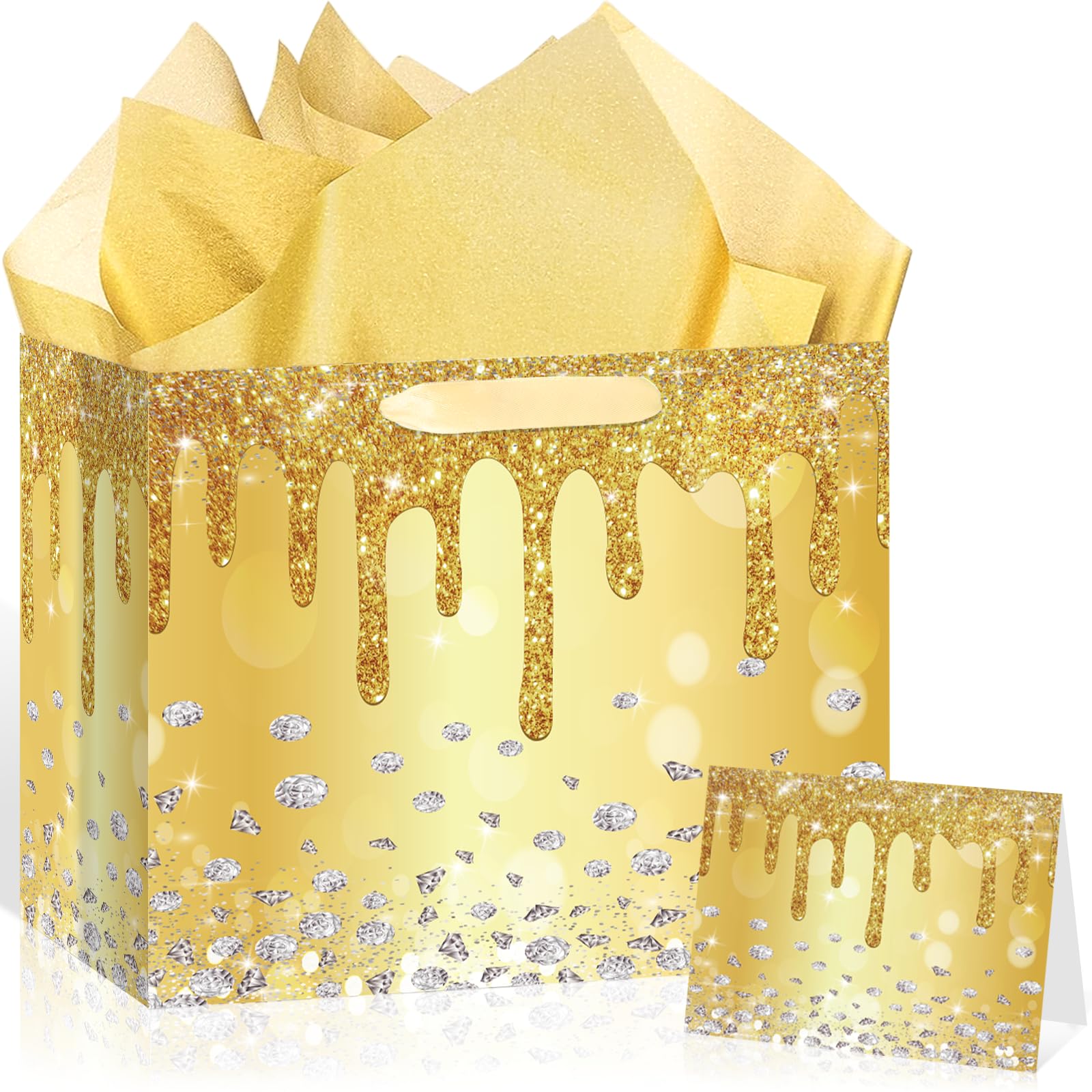 Gold Glitter Party Supplies Glitter Diamond Gift Bag Gold Birthday Bag with Wrapping Paper and Card Large Glitter Paper Goodie Candy Bags for Birthday