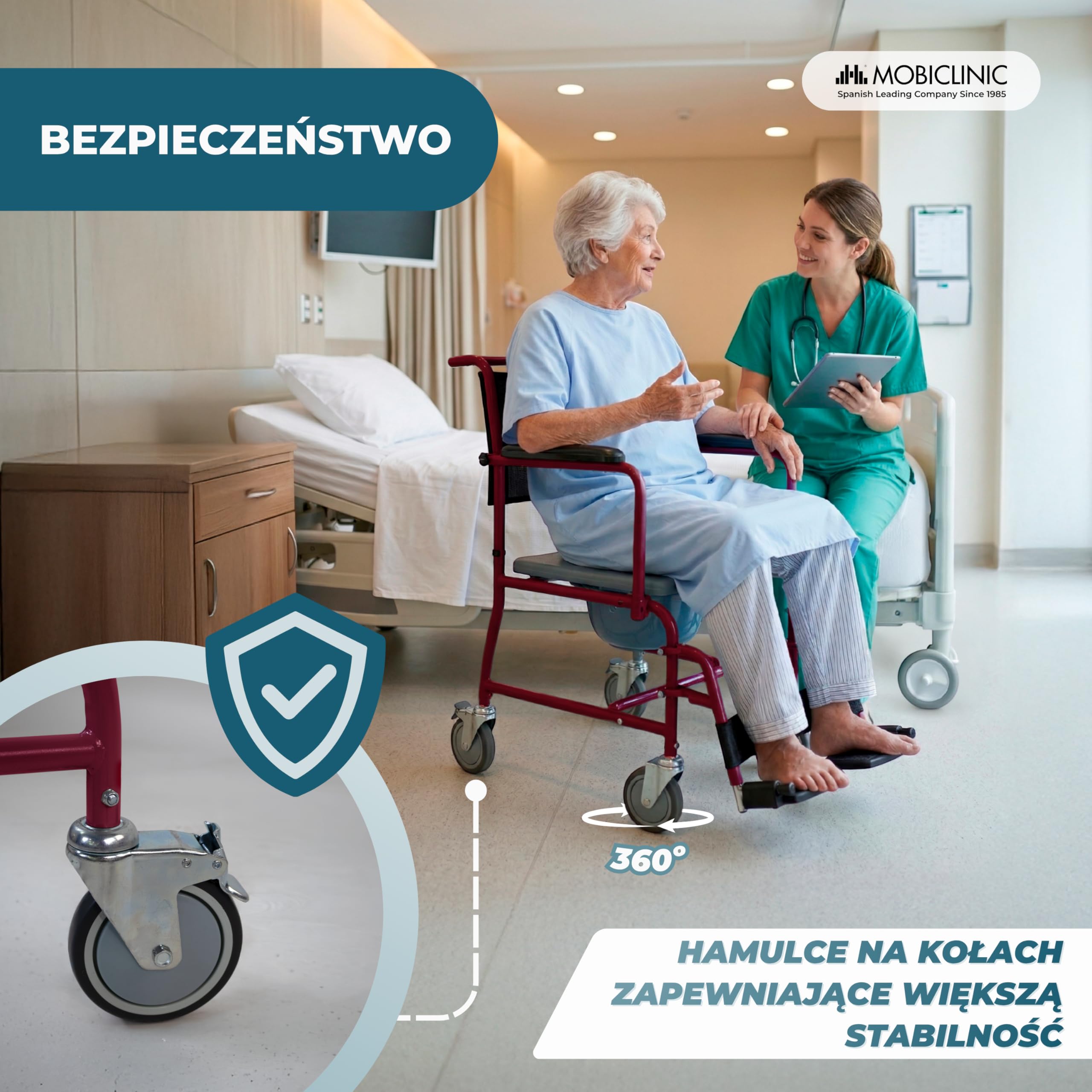 Mobiclinic, Wc krzesł na kółkach, Ancla, Toaleta dla osób niepełnosprawnych, Starszych, Składany podłokietnik i podnóżek ergonomiczny siedzenia, Bordeaux