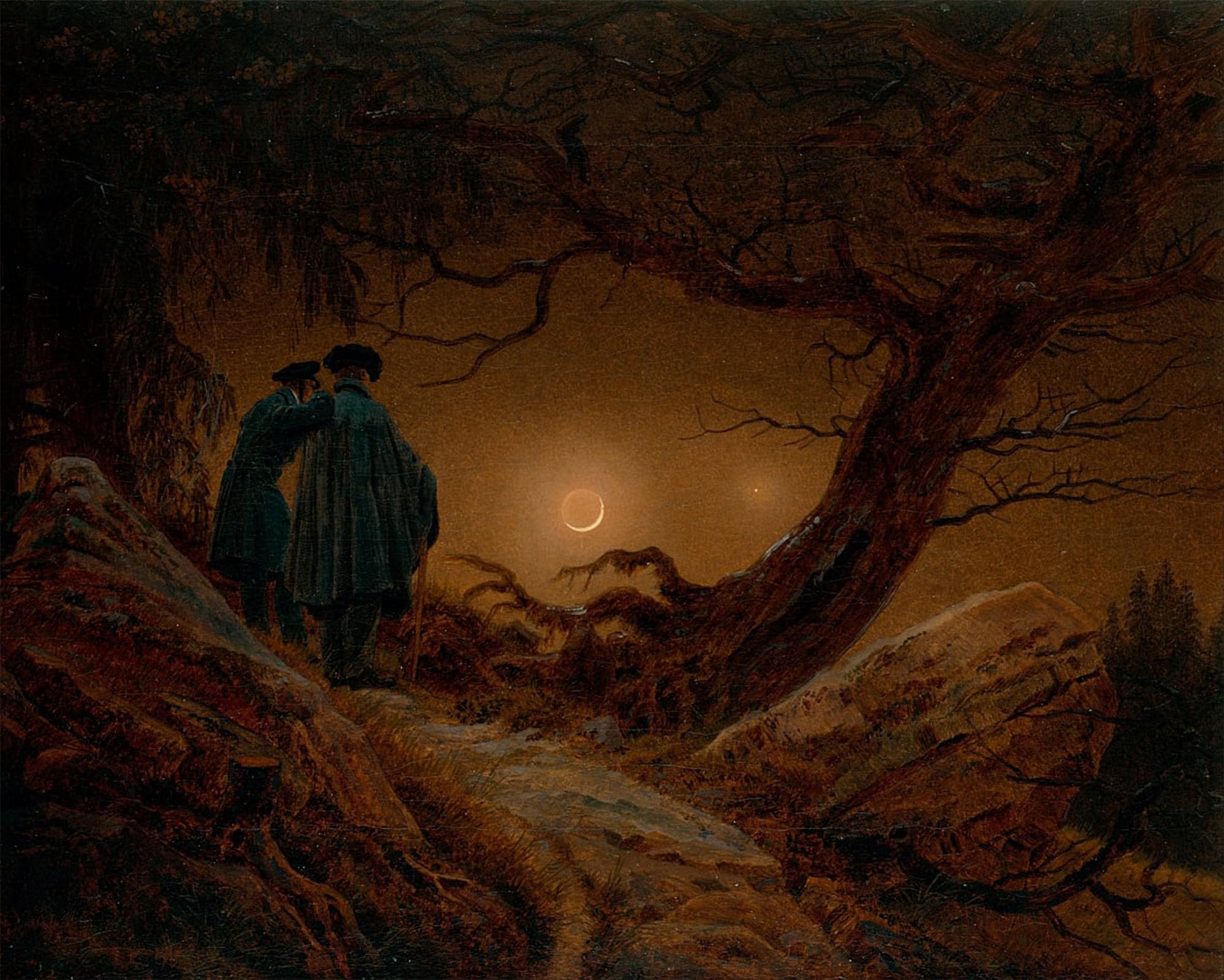 SERENDIPITP Retro Picture Poster Wall Art Pictures Painting Two Men Contemplating the Moon by Caspar David Friedrich Wall Art Canvas Print for Wall Decor 60x90cm
