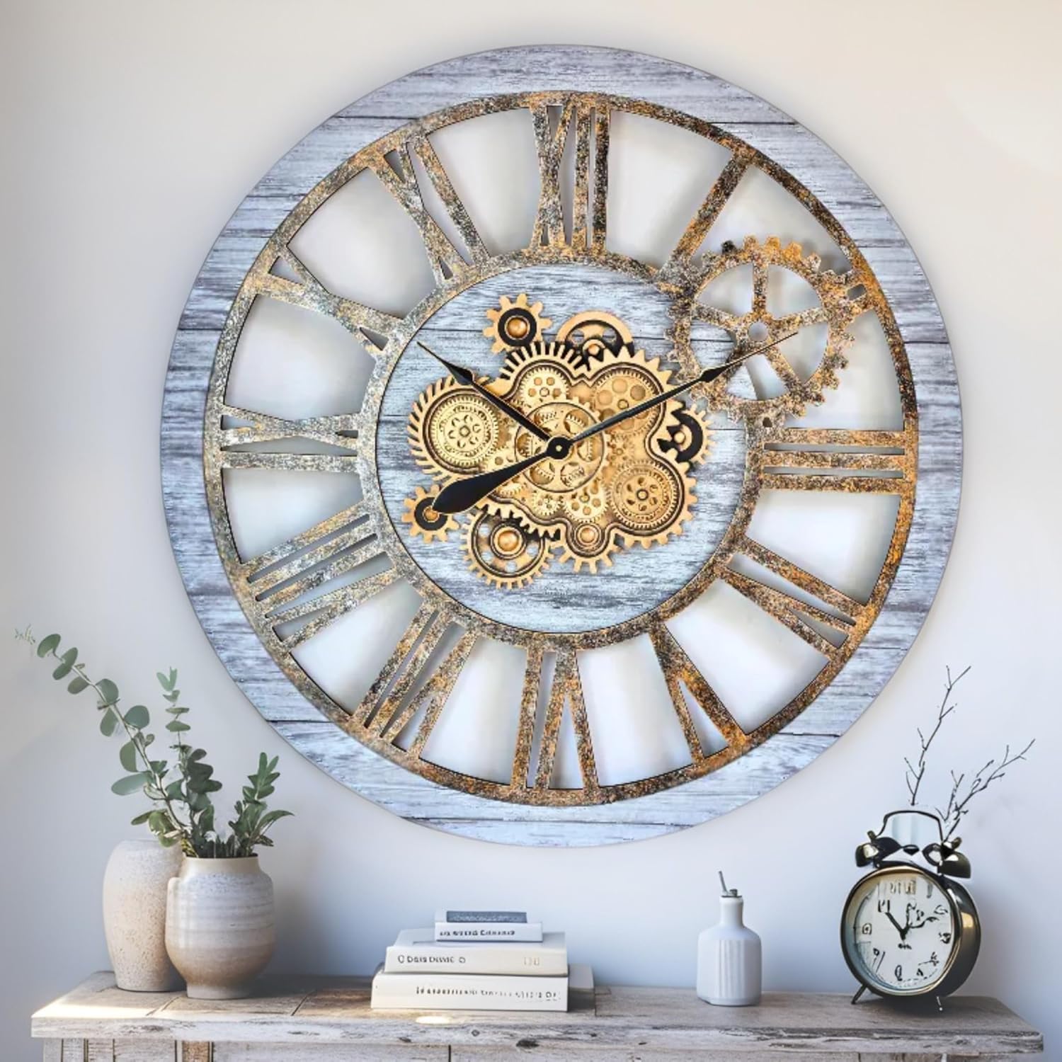 ImprovingLife The Gears Clock 36'' Inch Real Moving Gear Wall Clock Vintage Industrial Oversized Rustic Farmhouse (Silver Grey)