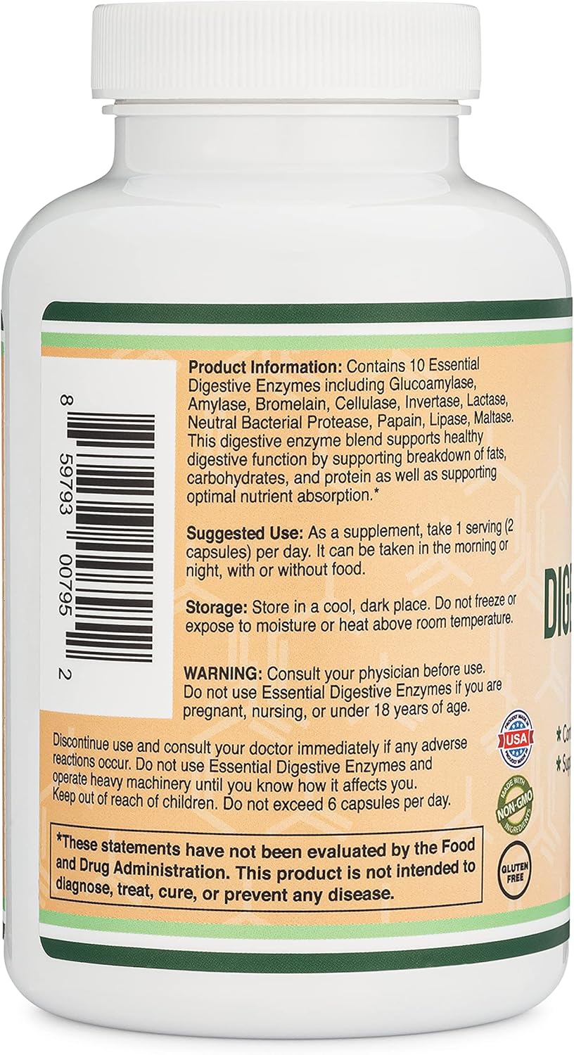 Digestive Enzymes - 800mg Blend of All 10 Most Essential Digestive and Pancreatic Enzymes (Amylase, Lipase, Bromelain, Lactase, Papain, Protease, Cellulase, Maltase, Invertase) by Double Wood : Health & Household