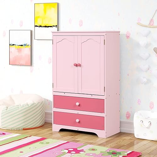 Miniatura 5 de Armario de madera con 2 cajones de almacenamiento armario de dormitorio con 2 puertas armario con estante ajustable y barra colgante estante de