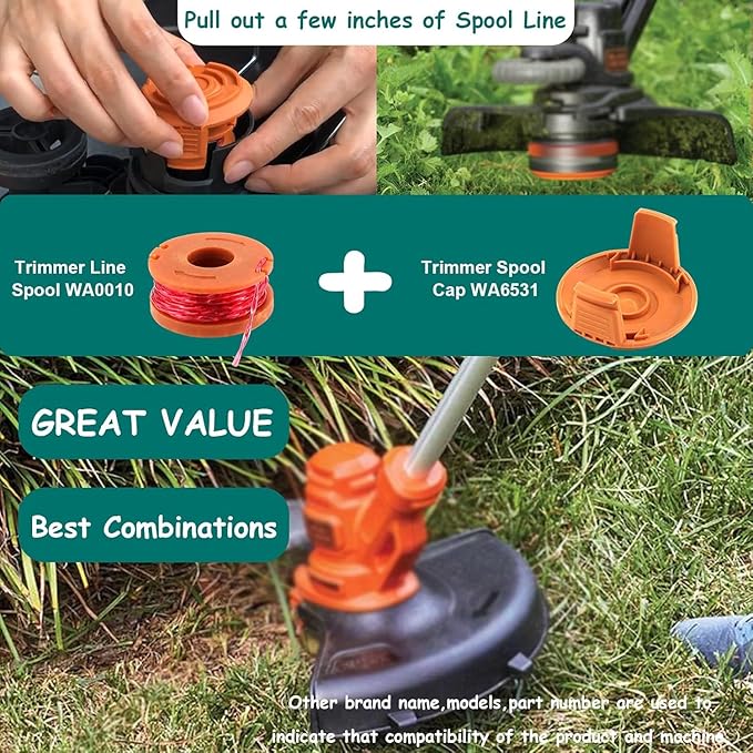 WA0010 String Trimmer Line Spool 0.065 in 10ft Edger Spool Line with WA6531 Spool Cap Cover (12 Spool + 3 Cap) - Premium Worx Weed Eater Replacement