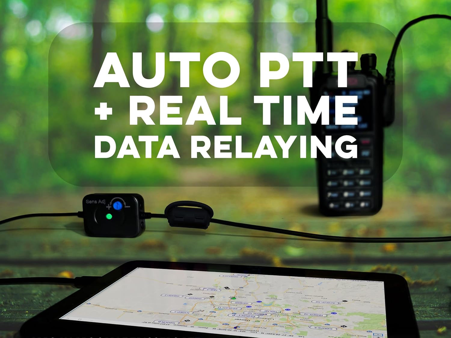 BTECH APRS-K1 PRO cable connected to a radio and a tablet, with text 'Auto PTT + Real Time Data Relaying'.