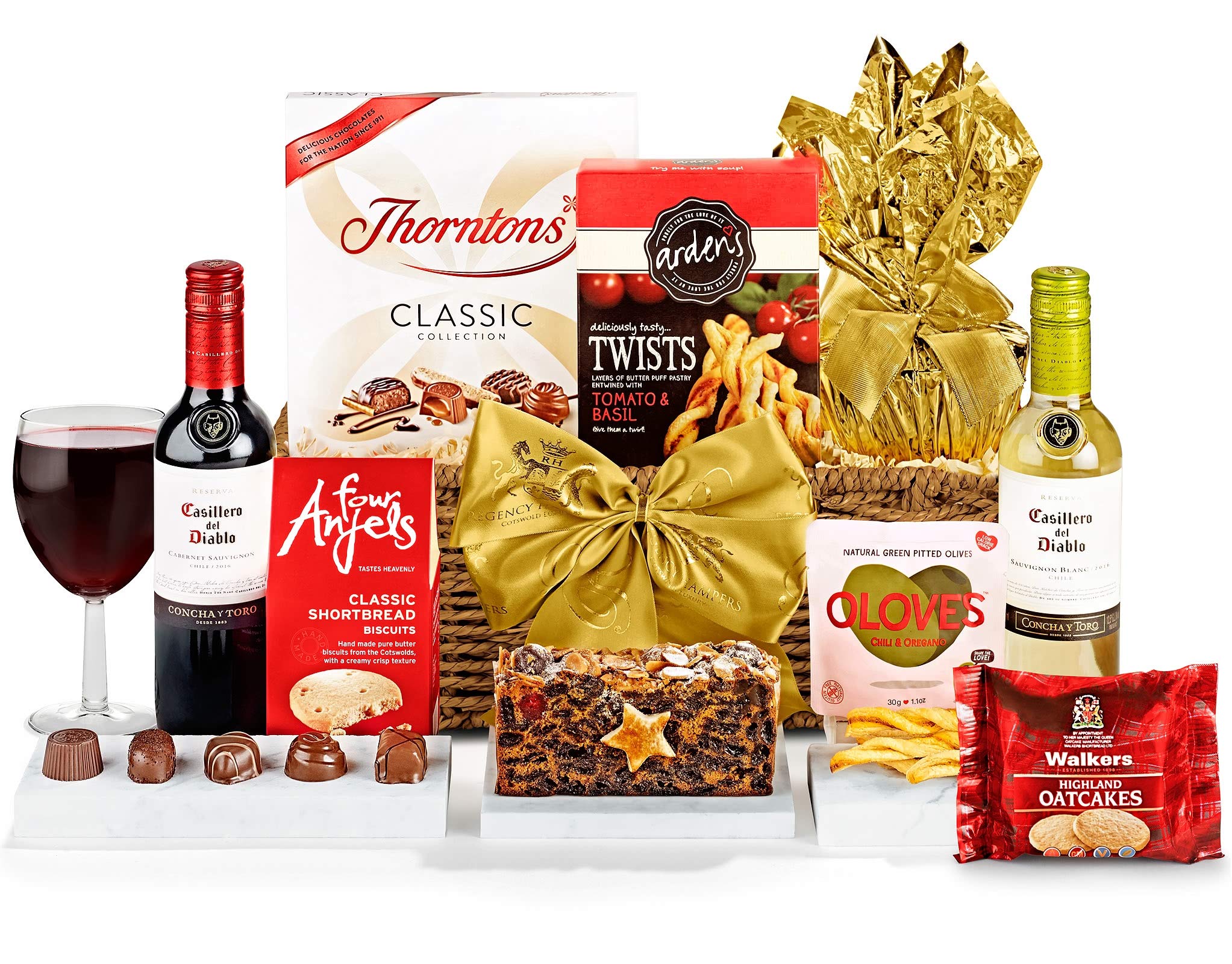 Premium Wine Gift Set - Bourton Wine Gift Tray with Red & White Wine, Olives, Cheese Twists, Shortbread - Wine Gifts for Women, Food and Wine Hampers for Men, from Regency Hampers