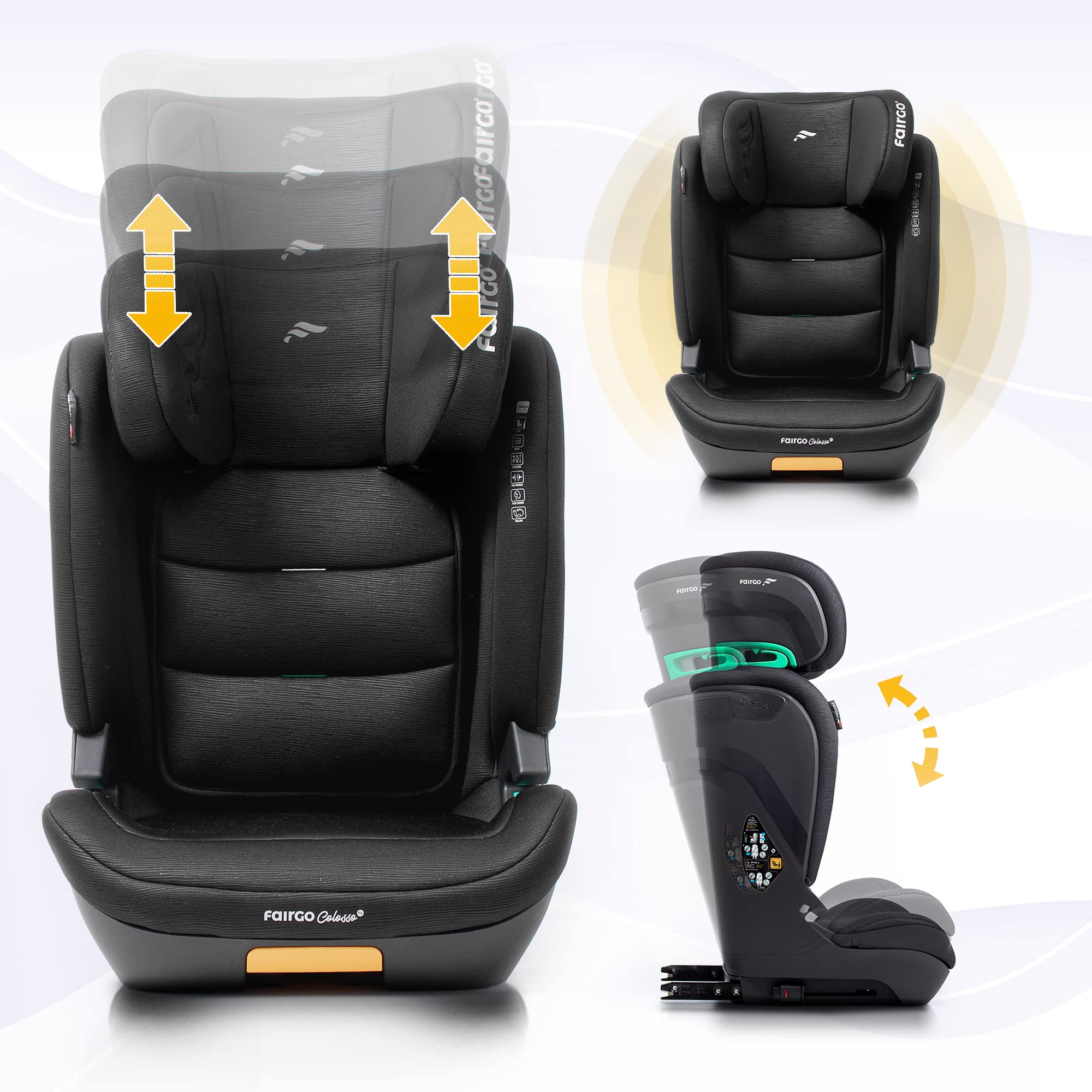 BABYAUTO - Silla de coche i-Size FAIRGO - COLOSSO: Para niños de 100-150 cm (3.5-12 años) - Máxima Seguridad, Confort y Diseño Elegante - Protección Lateral y Adaptabilidad a Medida. Color Black Sand