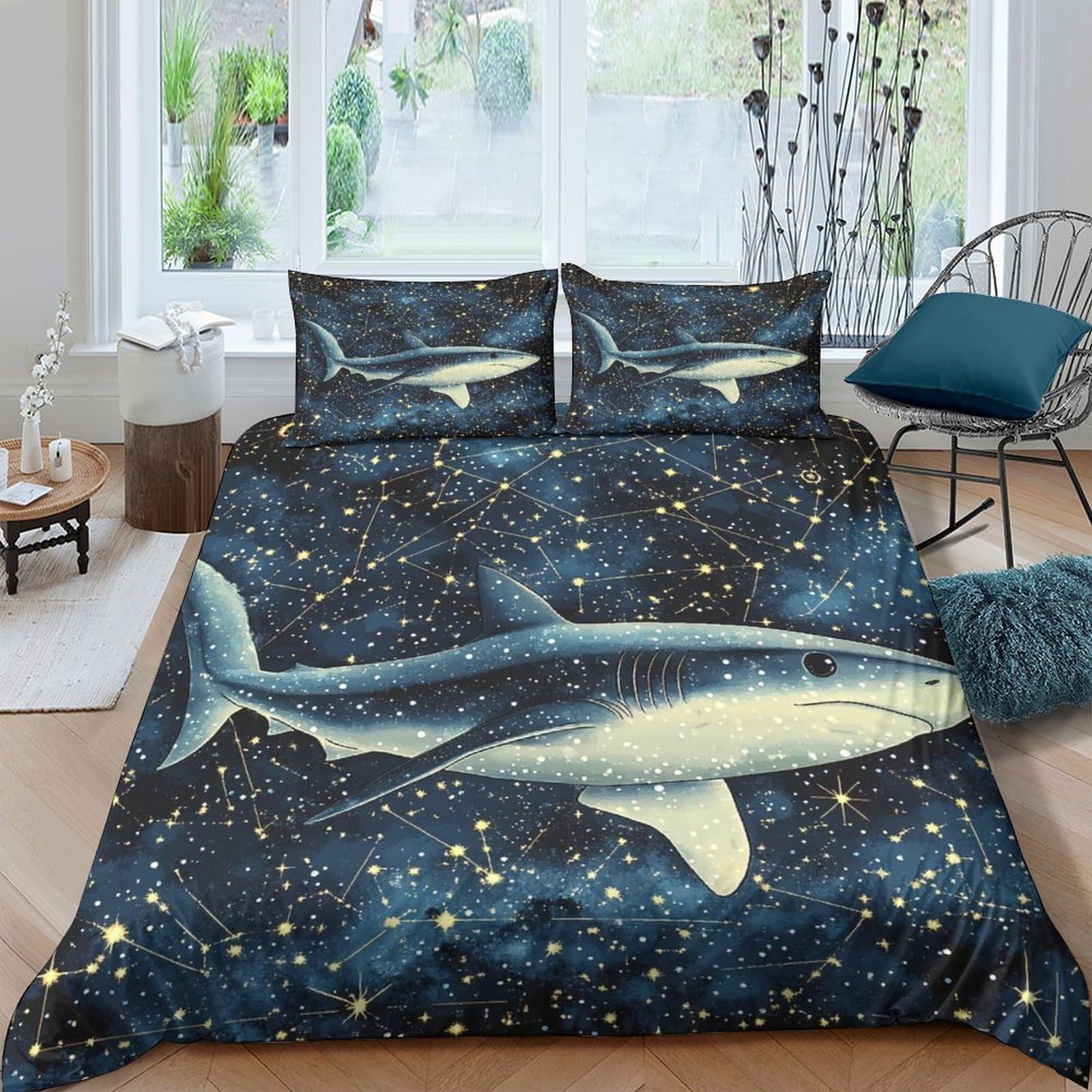 Ctjqhvkz Style-9 3D Printed Shark Ocean Fitted Sheet Microfiber Navy Blue Starry Sky Mattress Cover For Bedroom Dorm Room Home Decor Single（135X200cm）