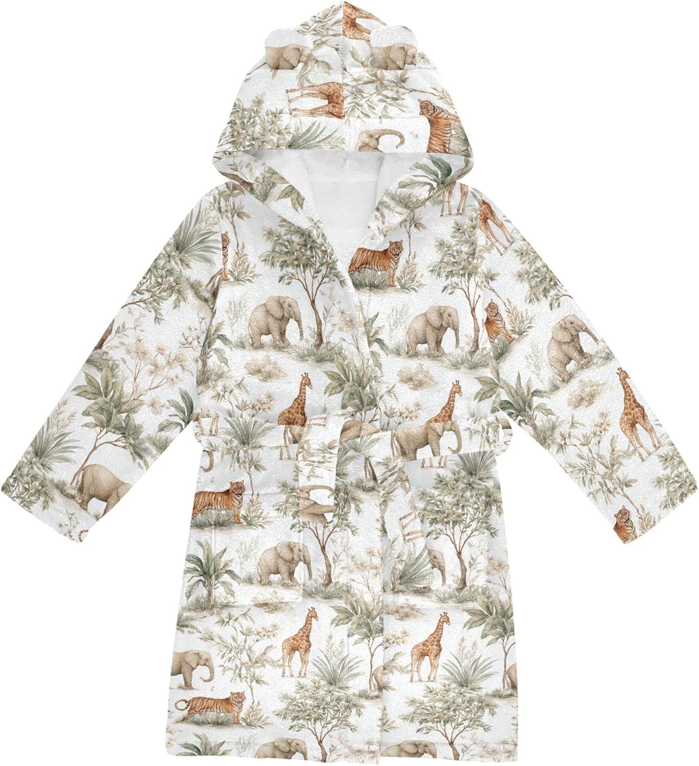 Elephant Tiger Trees Leaves Bathrobe Hooded PJ Robe Soft Fleece Robe Pajama Sleepwear 2-12 Years