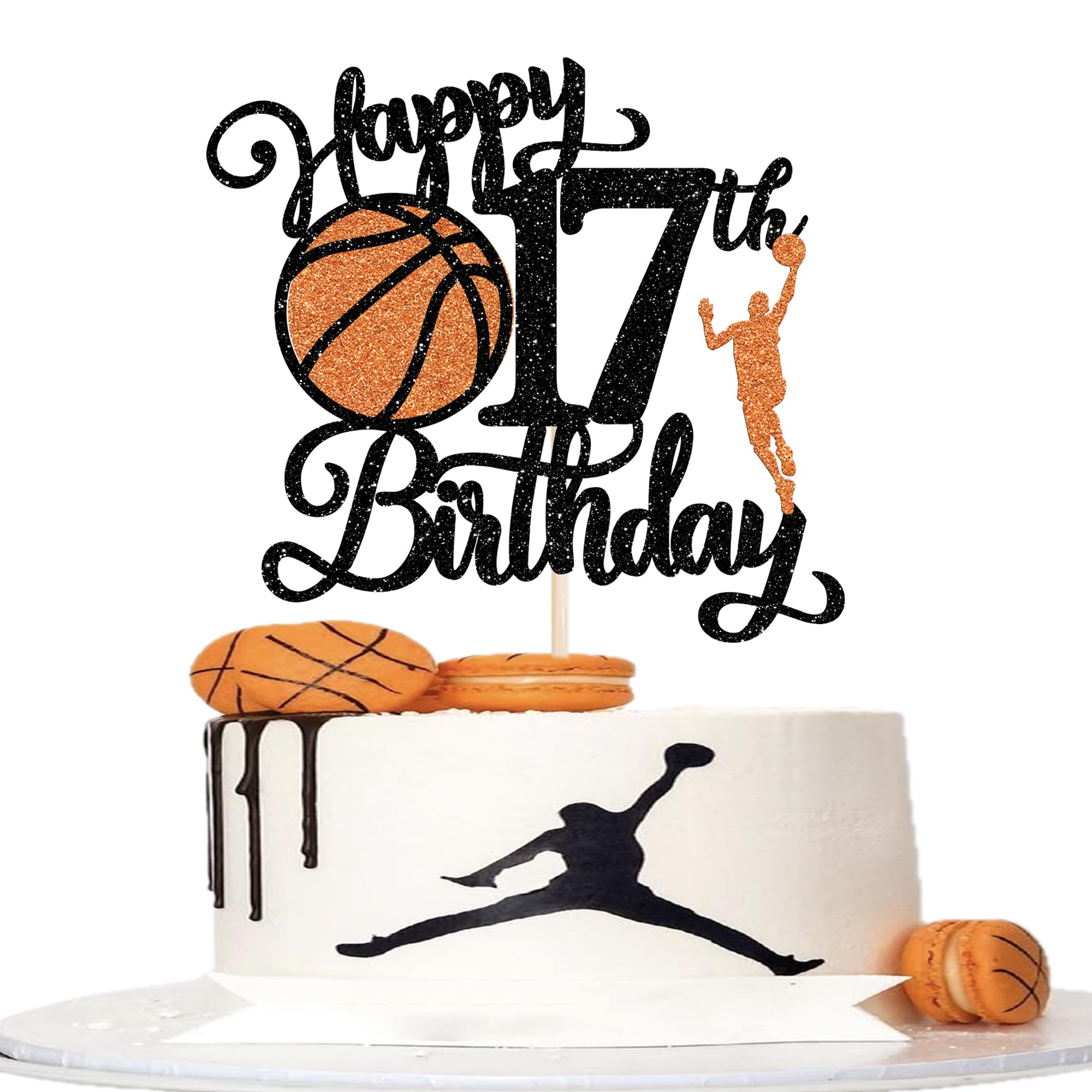 Xsstarmi 1 Pack Cake Decoration 17th Birthday Cake Topper Glitter Basketball Player Cake Topper for Seventeenth Birthday Accessories for Party Cake Decorations