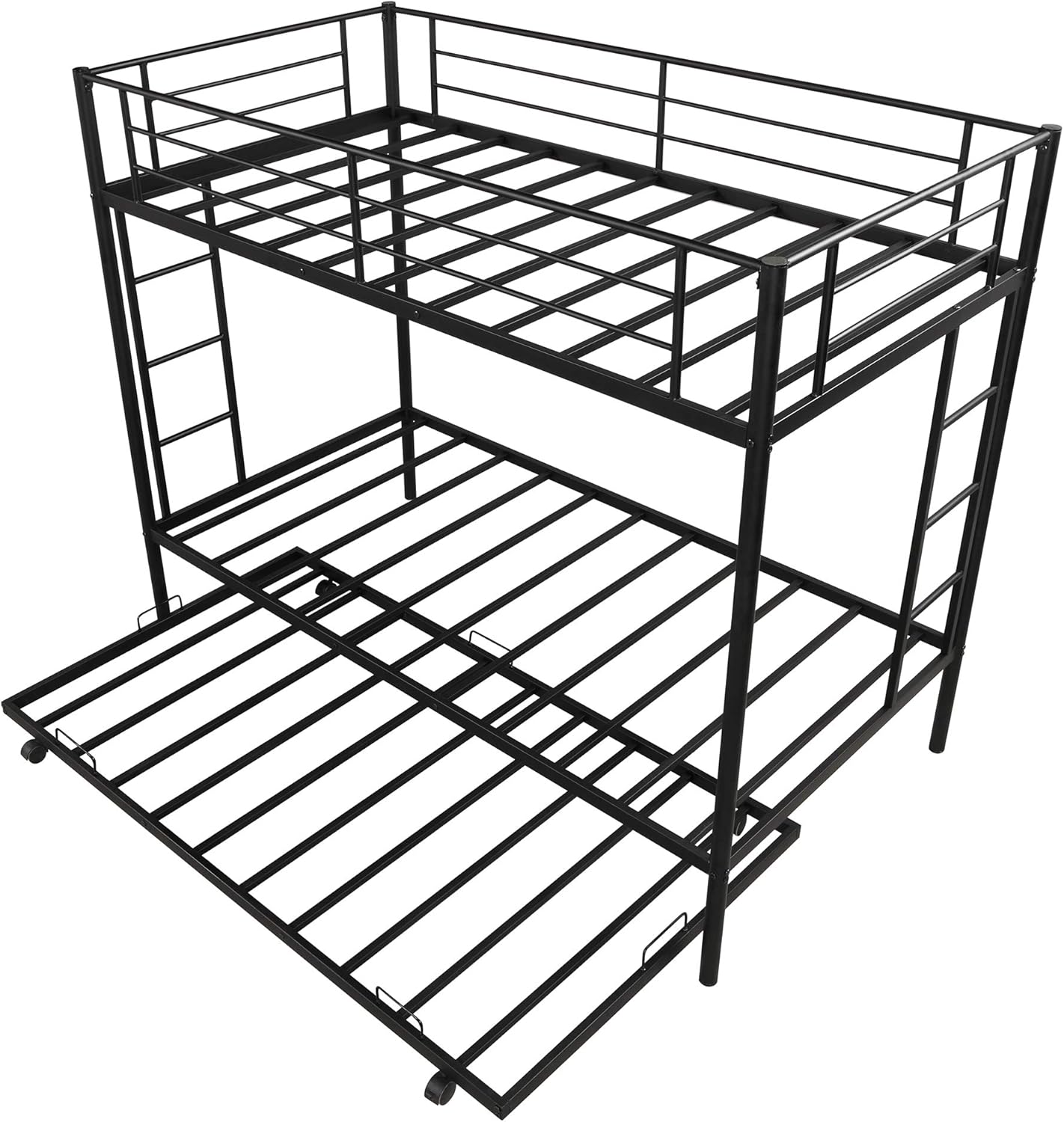 SOFTSEA Twin Over Twin Metal Bunk Bed with Trundle, Steel Bunk Bed with Safety Guard Rails for Kids Teens, No Box Spring Needed