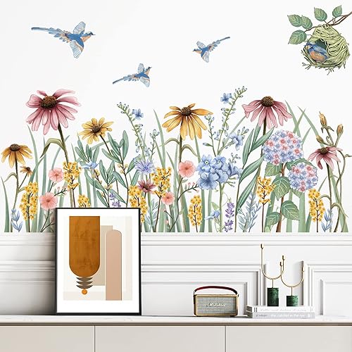 Miniatura 6 de RW-2459 Calcomanías de pared creativas de flores coloridas margaritas, melocotón, pájaros, calcomanías de pared, bricolaje, acuarela, floral, hojas