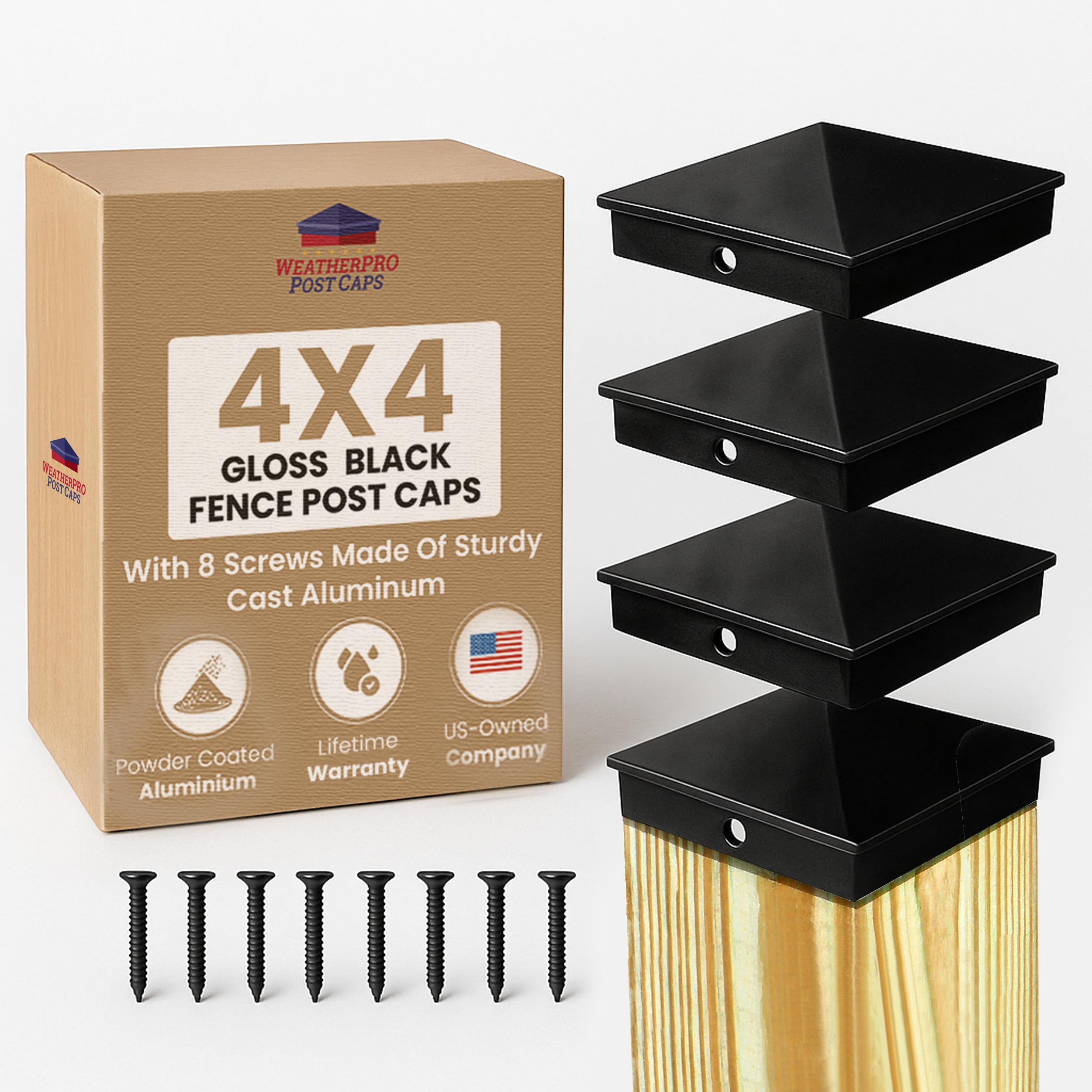 WeatherPRO Black 4x4 Fence Post Caps (3.5”) 4 Pack, Never Have to Replace These Premium Post Caps Made with Solid Aluminum. Powder Coating Never Fades, Sold by U.S. Company