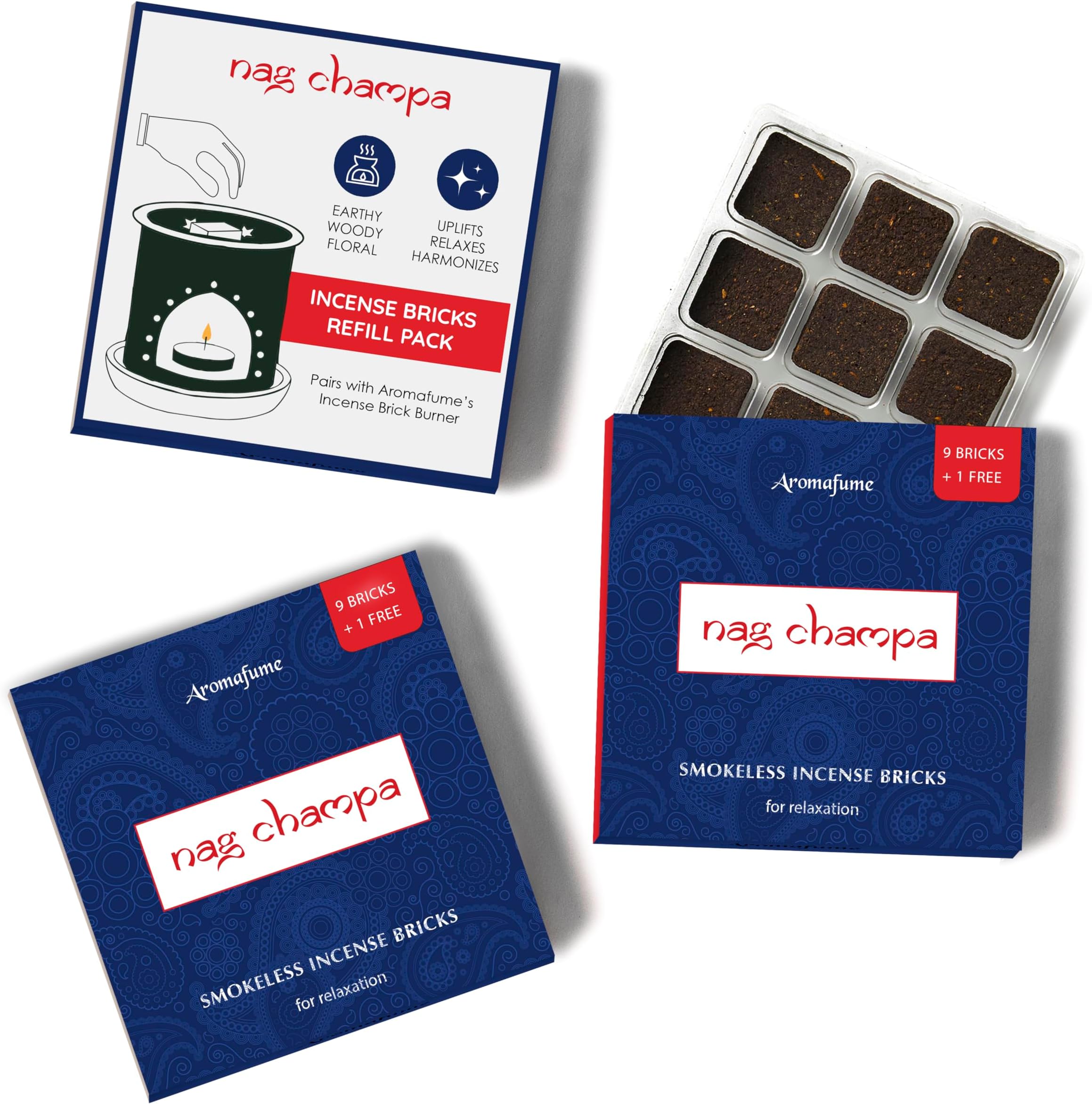 Nag Champa Incense Bricks Refill Pack (3 x 9 Bricks) by Aromafume | Ideal for Spirituality | Made with Sandalwood, Jasmine, Ylang Ylang & Champa flower | Low Smoke, Non-toxic Incense Bricks