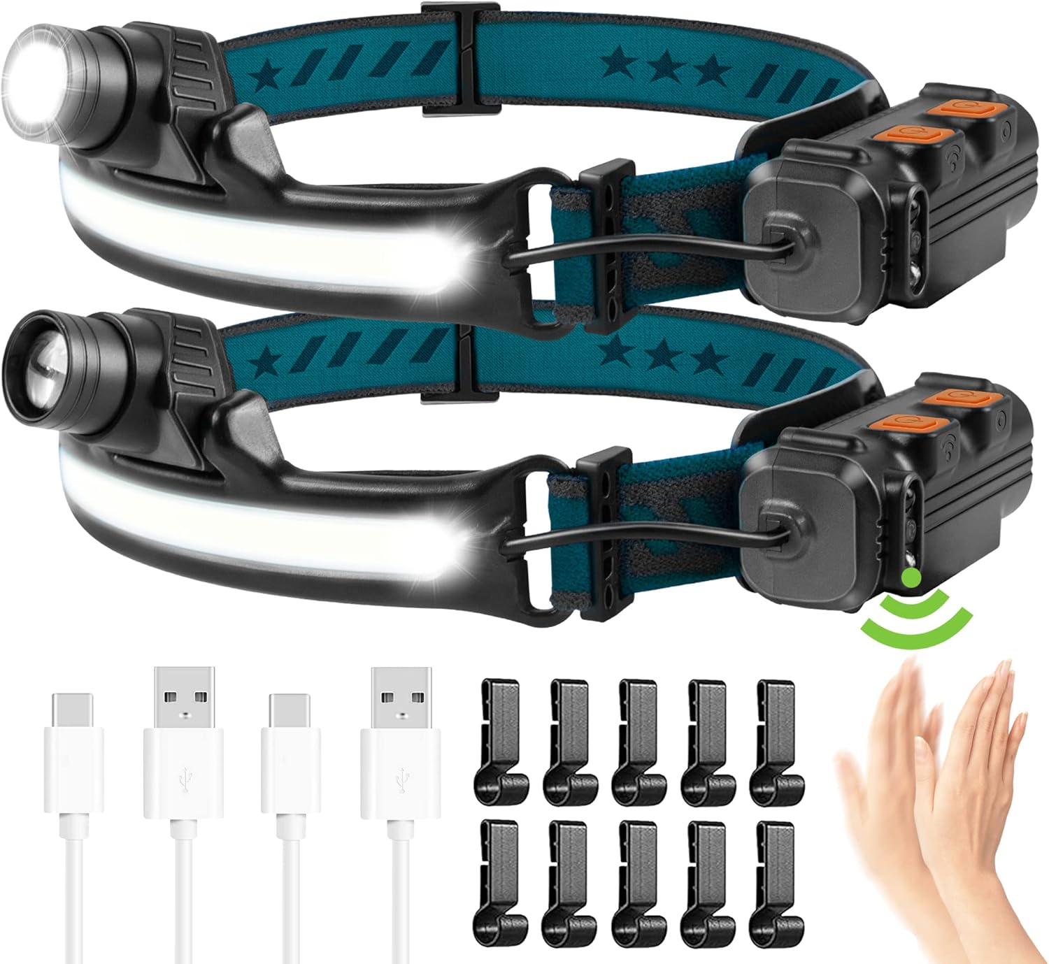 Headlamp Rechargeable 2 Pack 1000 Lumen,with 270° Wide Beam Headlights with Motion Sensor Super Bright 6 Modes Lightweight Waterproof for Outdoor Running Camping Hiking Fishing