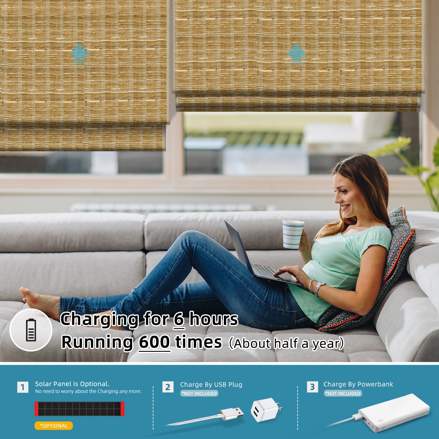 SmartWings Motorized Natural Woven Wood Blinds for Windows, Electric Auto Roman Shades with Remote for Sliding Doors, Compatitable with Alexa/Homekit/Google Home, Customized, Bamboo Jute 903