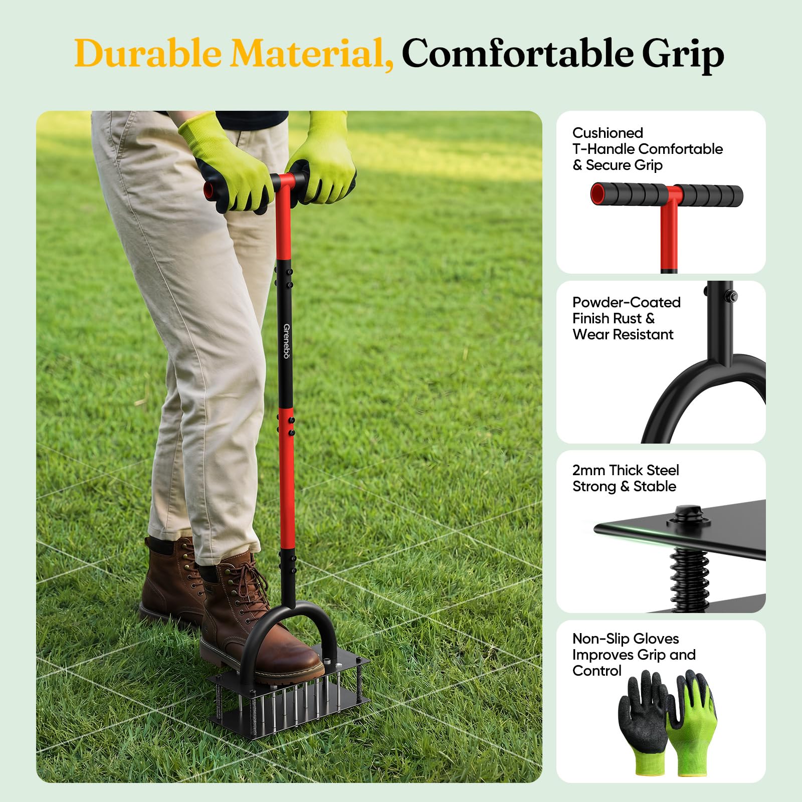 Grenebo Rasenbelüfter – Handbelüfter mit 16 Stacheln, Metall-Rasenbelüfter für den Garten, Rasenbelüftung, automatischer Bodenauswurf (schwarz-rot)